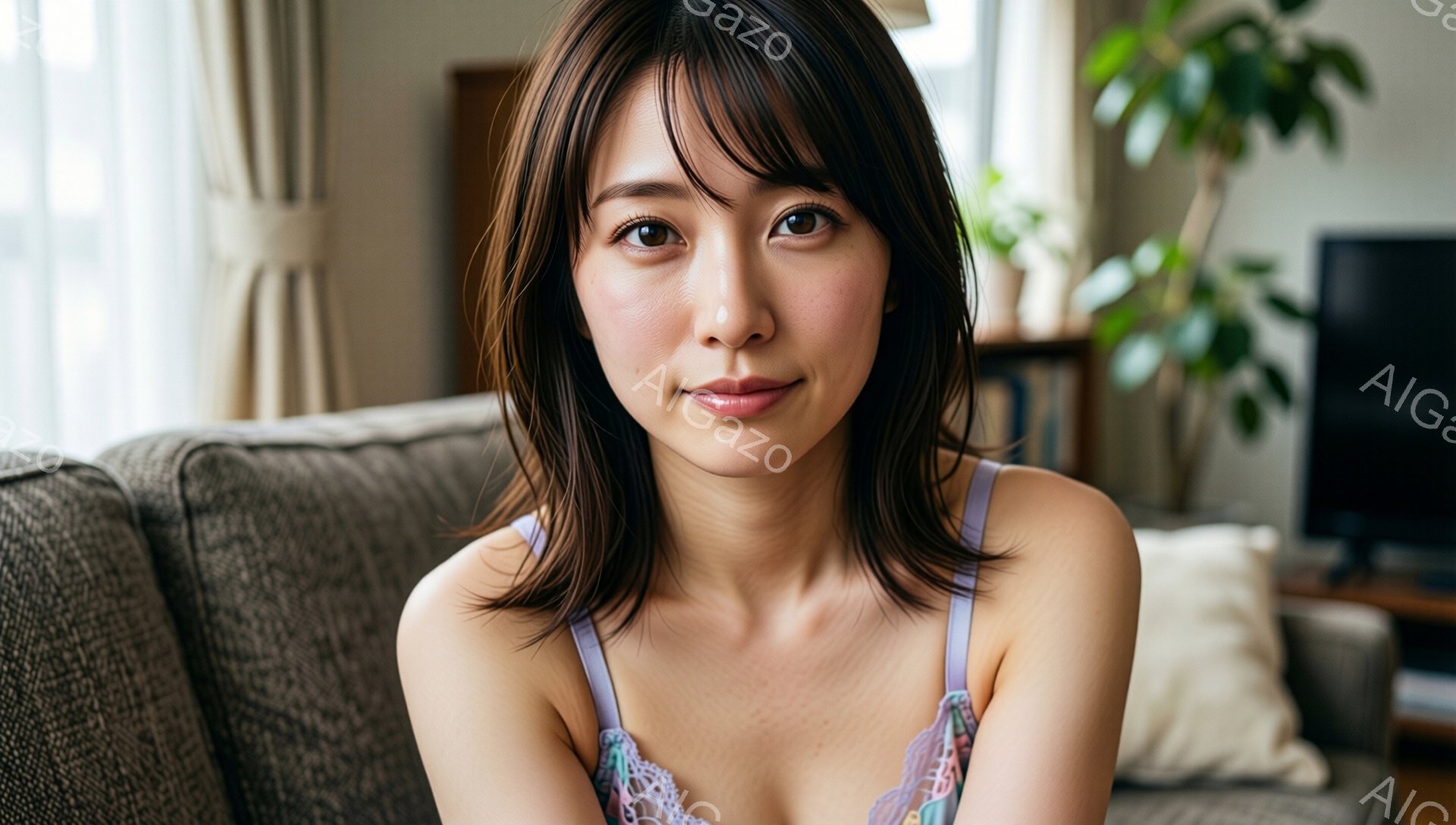 茶髪のボブヘアで、前髪が少し長めの女性が写っています。淡い紫色のキャミソールを着ており、リラックスした表情で正面を見つめています。背景はリビングルームで、ソファに座っており、観葉植物や家具が見えます。