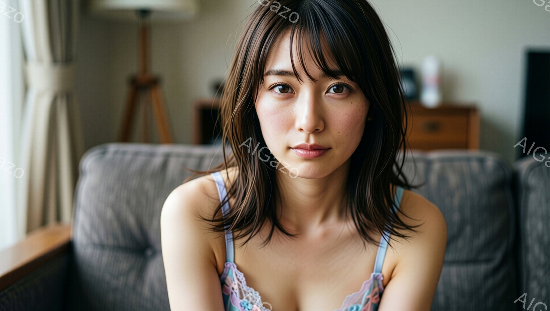 長いダークブラウンの髪で、前髪が眉毛にかかるようにカットされた女性が写っている。彼女は繊細なレースのキャミソールを着ており、少し憂いを帯びた表情でカメラを見つめている。背景にはグレーのソファと木製の家 - AI生成フリー素材