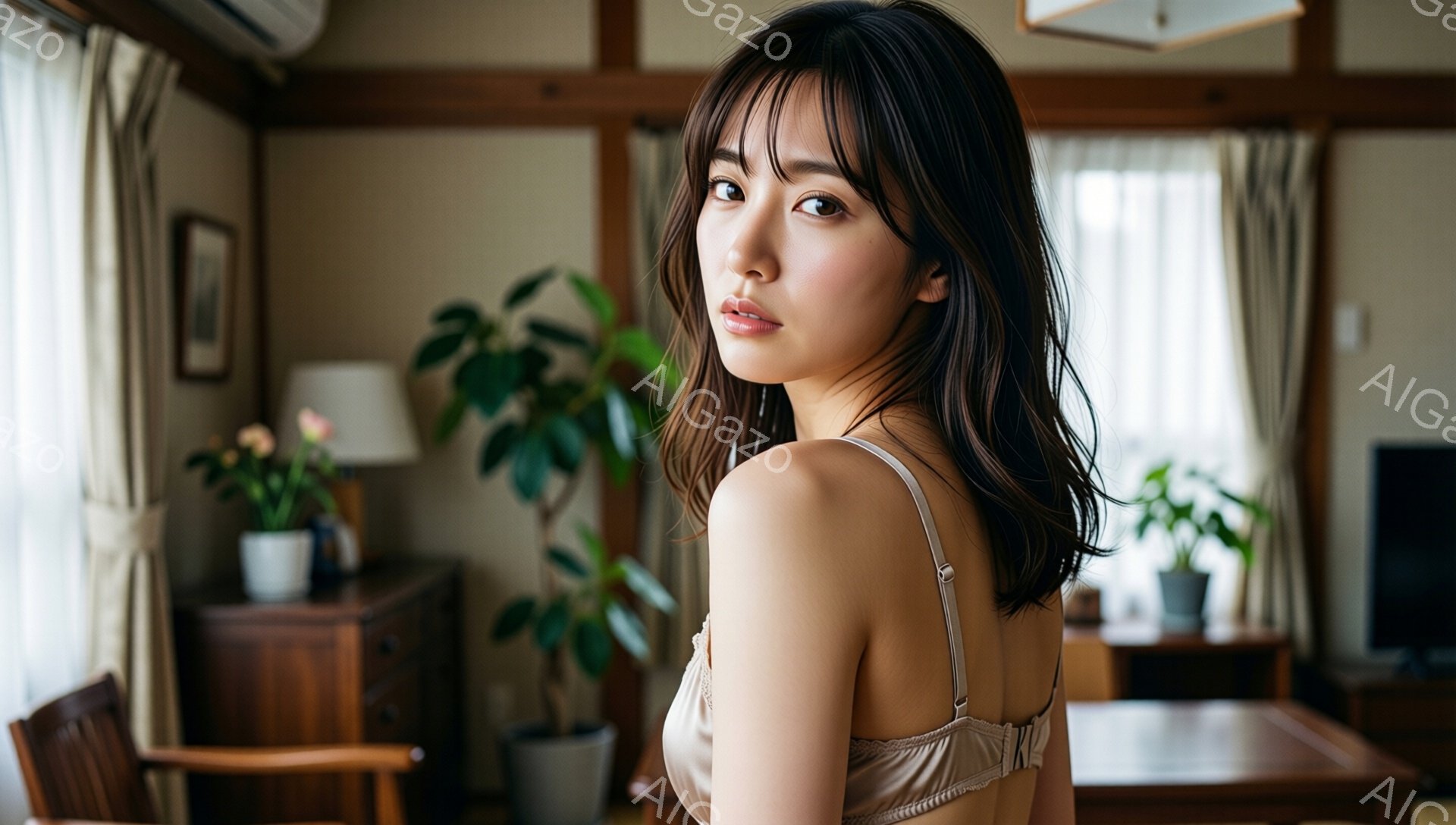 画像には、肩出しのベージュのキャミソールを着た若い女性が写っています。彼女は肩を少し丸め、カメラに向かって少し振り返っており、表情は穏やかで憂いを帯びています。背景には、木製の家具と観葉植物が置かれた - AI生成フリー素材