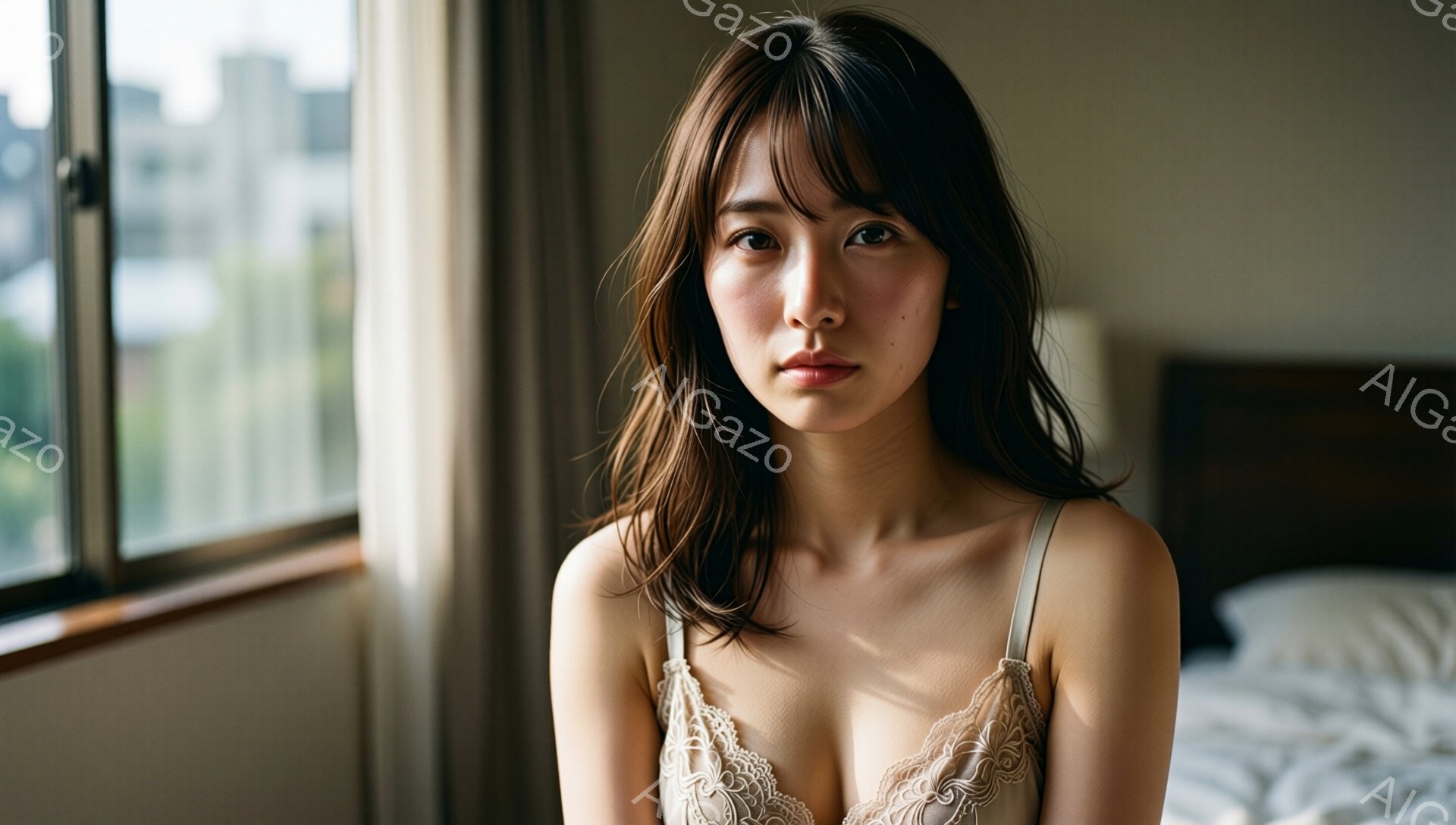 長いダークブラウンの髪は肩にかかる程度に、少し無造作にスタイリングされている女性が写っている。彼女は繊細なレースのキャミソールを着ており、表情は穏やかで、わずかに微笑んでいるように見える。背景には窓が - AI生成フリー素材