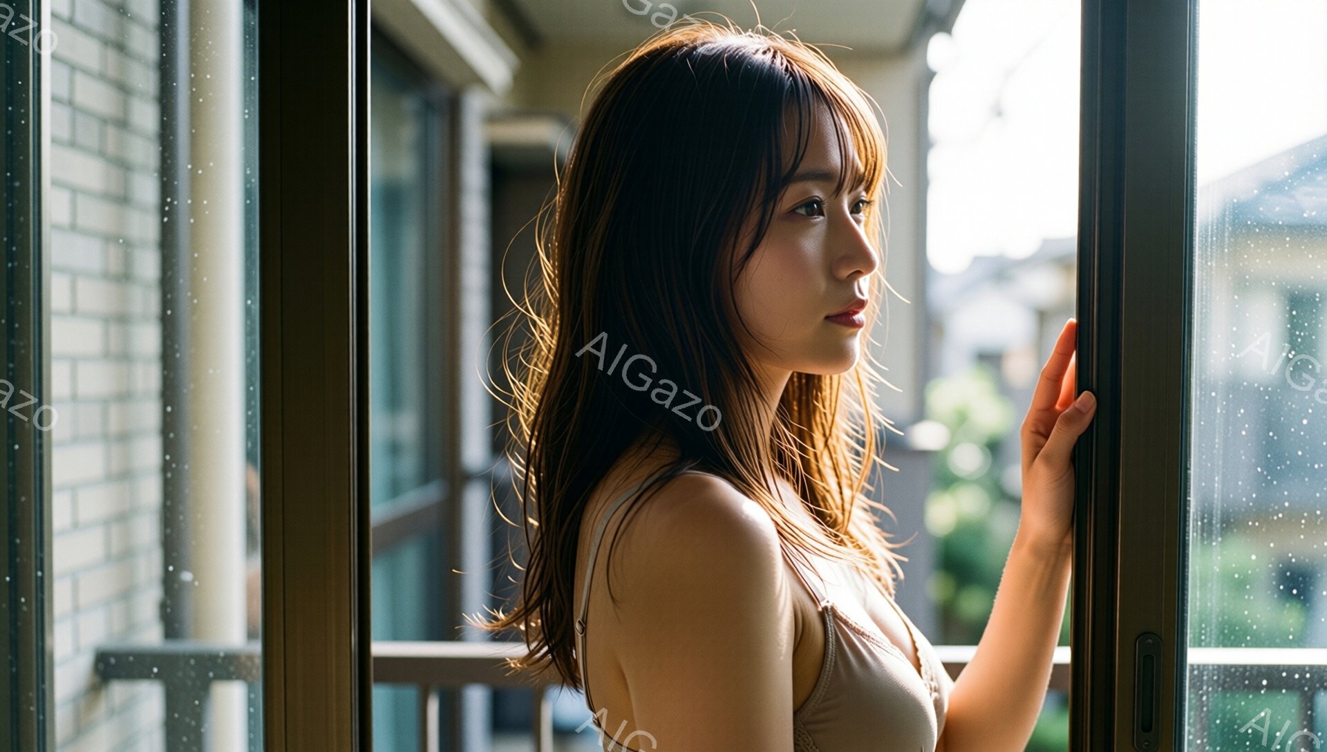 長いダークブラウンの髪をした女性が窓の外を見つめています。彼女はキャミソールのような薄い服を着ており、リラックスした表情で少し憂いを帯びた横顔を見せています。窓の外には建物が見え、雨粒が窓ガラスに付着しており、少し寂しげな雰囲気を醸し出しています。