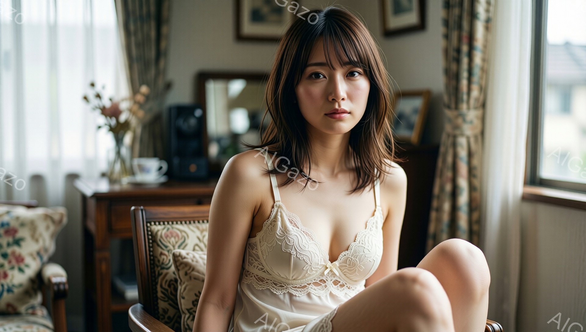 長いダークブラウンの髪を肩のあたりで切り揃えた女性が、クリーム色のレースのキャミソールと短いショーツ姿で椅子に座っています。彼女は少し憂いを帯びた表情でカメラを見つめ、膝を曲げて足を揃えています。背景 - AI生成フリー素材