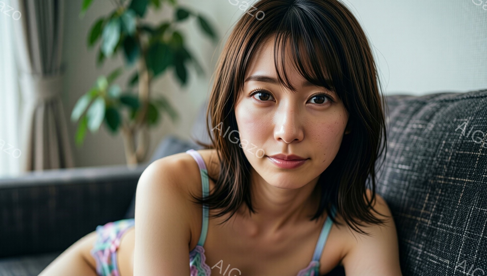 明るい室内で、茶髪のショートヘアの女性がソファーに横たわっています。彼女は薄いピンクと紫の花柄のキャミソールを着ており、リラックスした表情でカメラを見つめています。背景には植物が見え、全体的に穏やかで - AI生成フリー素材