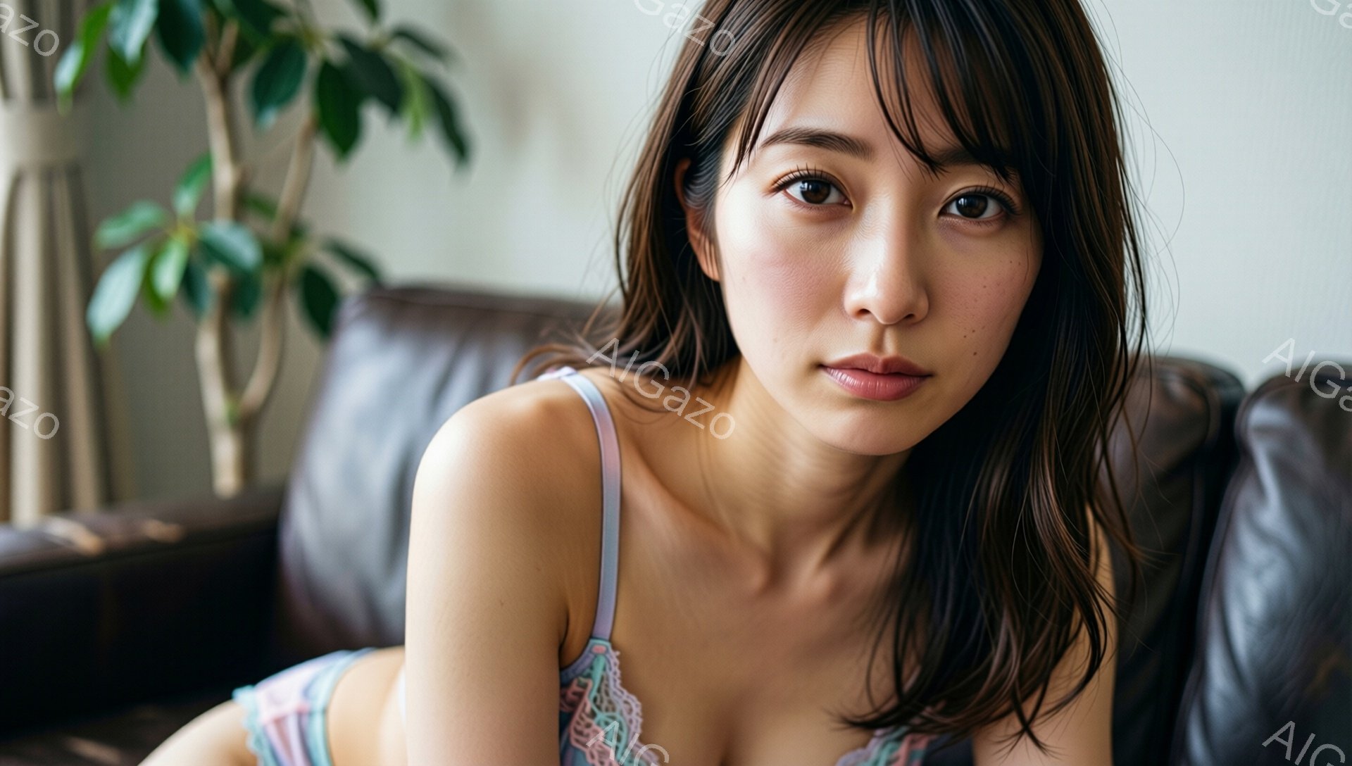 長いダークブラウンの髪は肩にかかり、少し無造作にウェーブがかかっている女性が写っている。彼女は薄いピンク色のレースのブラレットを身に着け、茶色の革製ソファに横たわり、リラックスした姿勢でカメラを見つめ - AI生成フリー素材