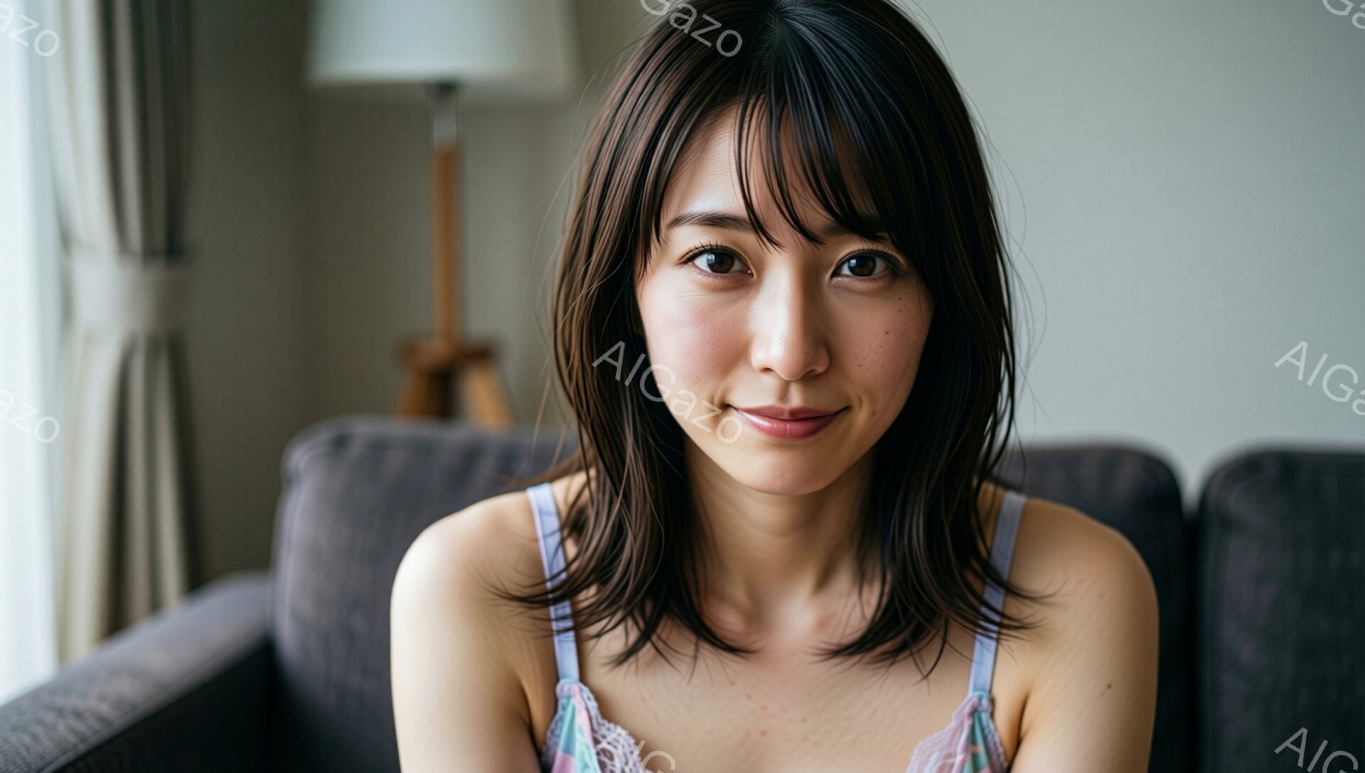 茶髪の女性がソファに座ってカメラを見つめています。彼女は肩出しの淡いピンクと紫色のキャミソールを着ており、髪は肩のあたりでカットされたストレートヘアです。彼女は微笑んでおり、リラックスした雰囲気で、背 - AI生成フリー素材