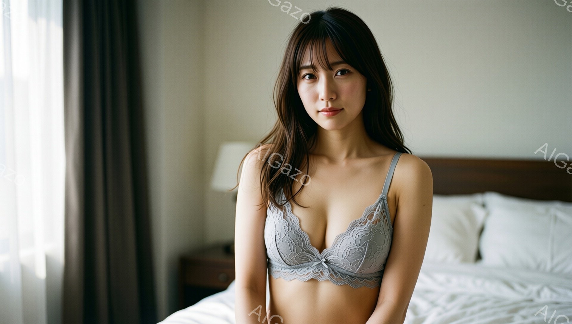 長い黒髪を肩にかける女性が、レースのブラレットと下着姿でベッドに座っています。彼女は少し微笑んでおり、落ち着いた表情でカメラを見つめています。背景には白いベッド、ナイトテーブル、そして薄暗い室内がぼんやりと見えます。