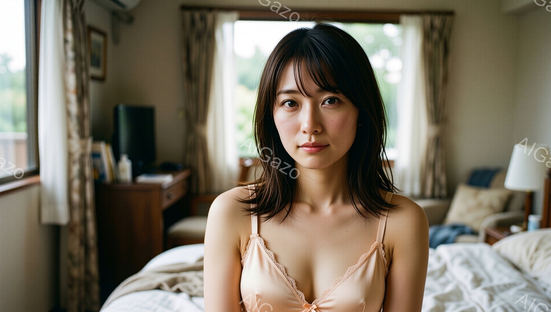 黒髪の女性がベッドに座って正面を見つめている。ベージュ色のキャミソールを着ており、髪は肩にかかる程度の長さで、前髪が目にかかっている。背景には木製の家具やカーテンが見え、室内は落ち着いた雰囲気である。 - AI生成フリー素材