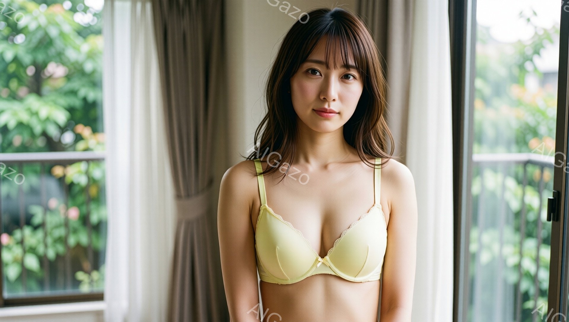 長い茶色の髪を無造作に肩にかけた女性が、淡い黄色のブラジャー姿で正面を向いています。彼女は控えめな微笑みを浮かべ、ややうつむき加減で、リラックスした姿勢を見せています。背景には、緑豊かな植物と窓枠が見え、室内は柔らかい光に包まれて穏やかな雰囲気を醸し出しています。