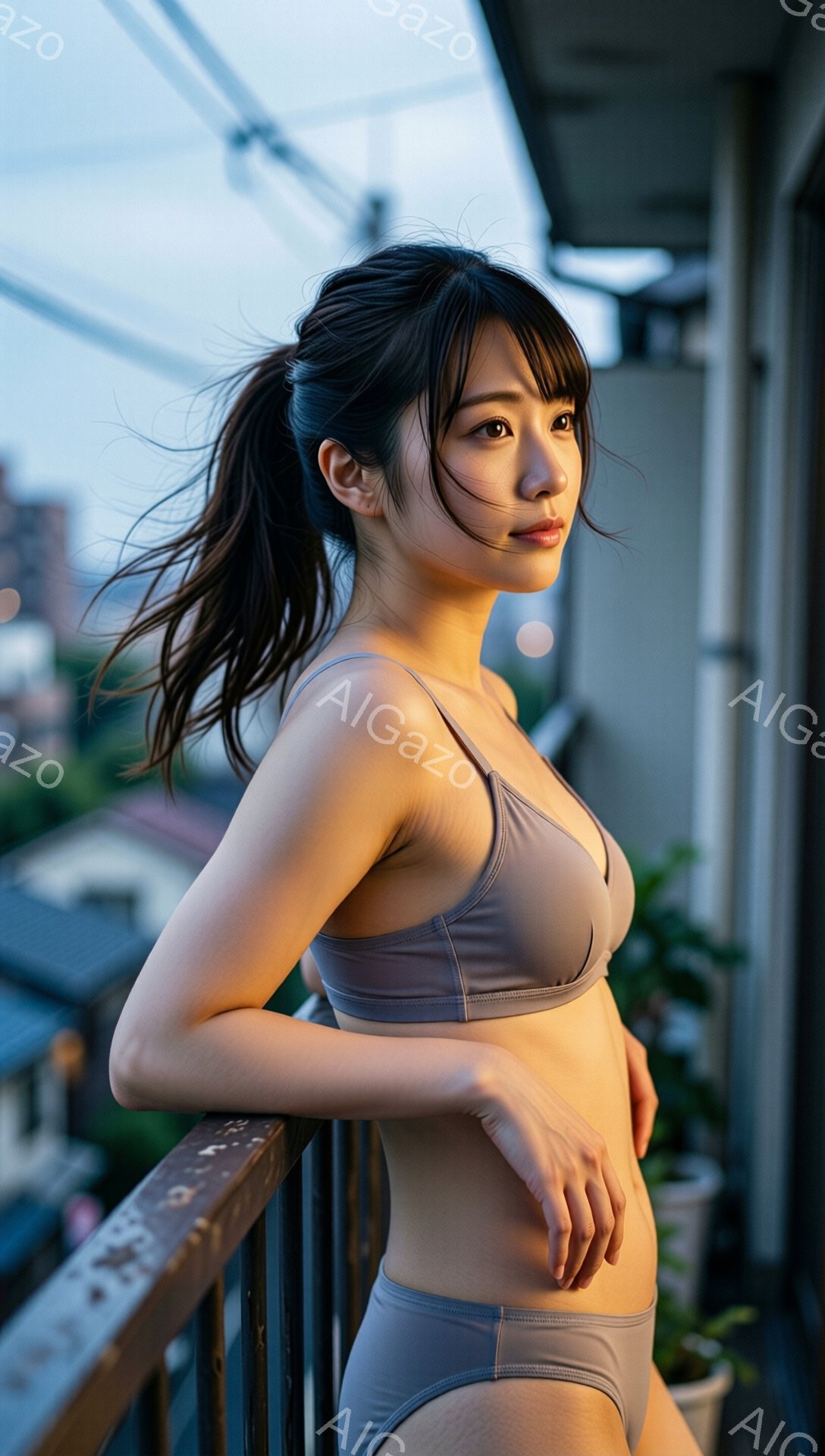 長い黒髪をポニーテールにした女性が、屋外のバルコニーに立っている。薄い茶色のビキニのような水着を身に着け、少し横を向いて遠くを見つめ、穏やかな表情をしている。背景には高層ビル群と緑の植物が見え、夕暮れ時の柔らかな光が全体を包み込んでいる。