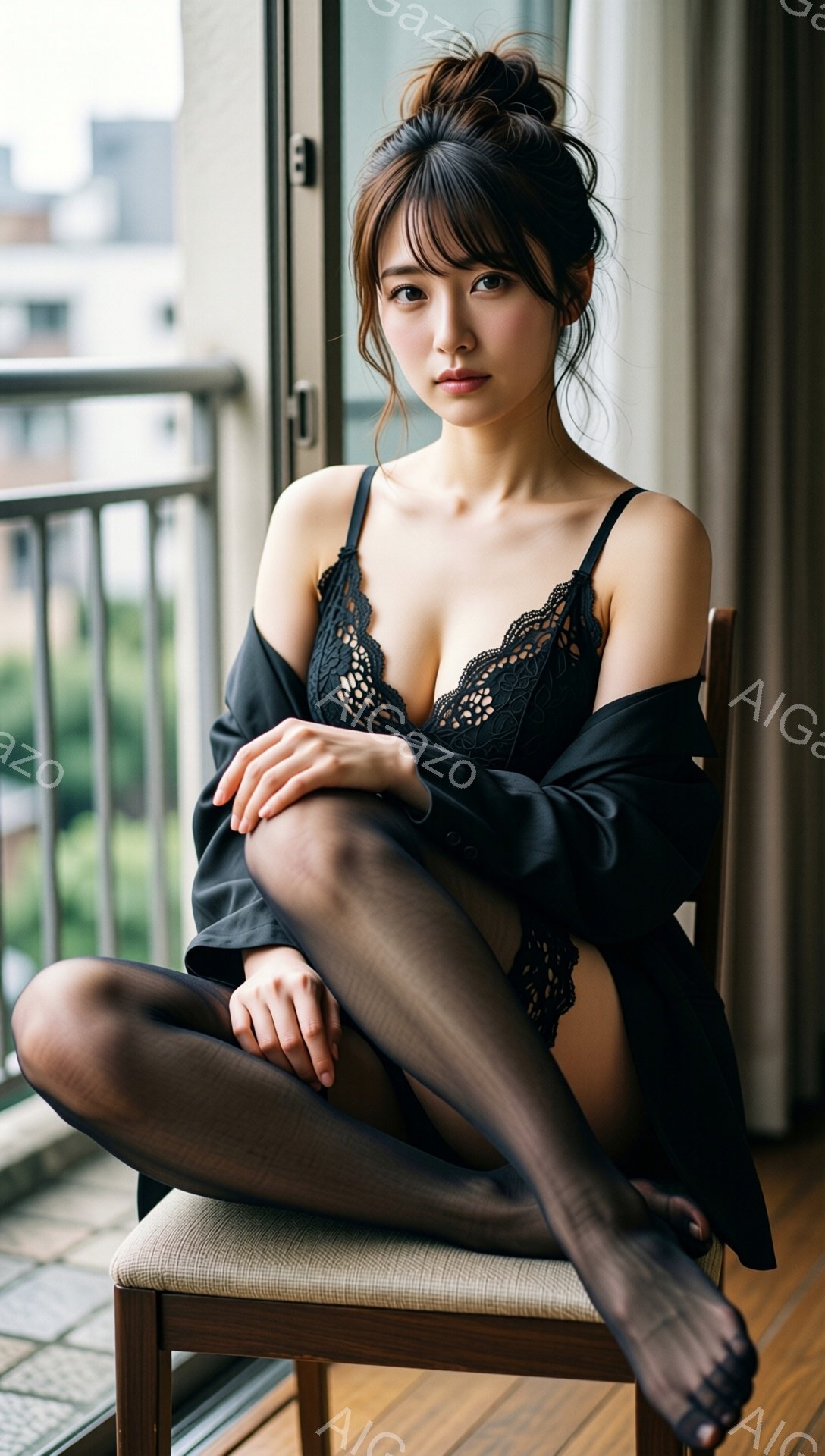 長い黒髪を無造作にまとめた女性が、椅子に膝を抱えて座っている。黒のレースが縁取られたキャミソールと、網目状のストッキングを身につけており、大胆な装いだ。背景には窓越しに、高層ビル群と緑が見え、室内は薄暗く、少しミステリアスな雰囲気を醸し出している。