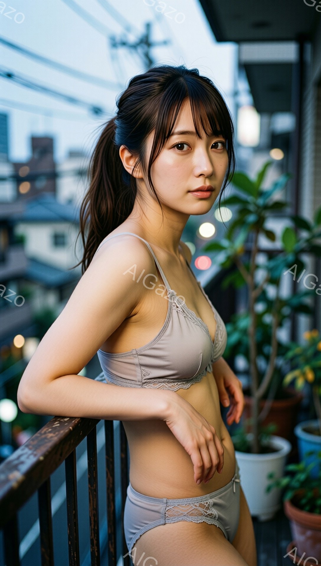 浅いグレーのレースのブラとショーツを身に着けた女性がバルコニーに寄りかかっています。彼女は長い髪を後ろでポニーテールにし、少し微笑んでカメラを見ています。背景には薄暗い都市の風景と、バルコニーの手すりに沿って配置された植物が写っています。