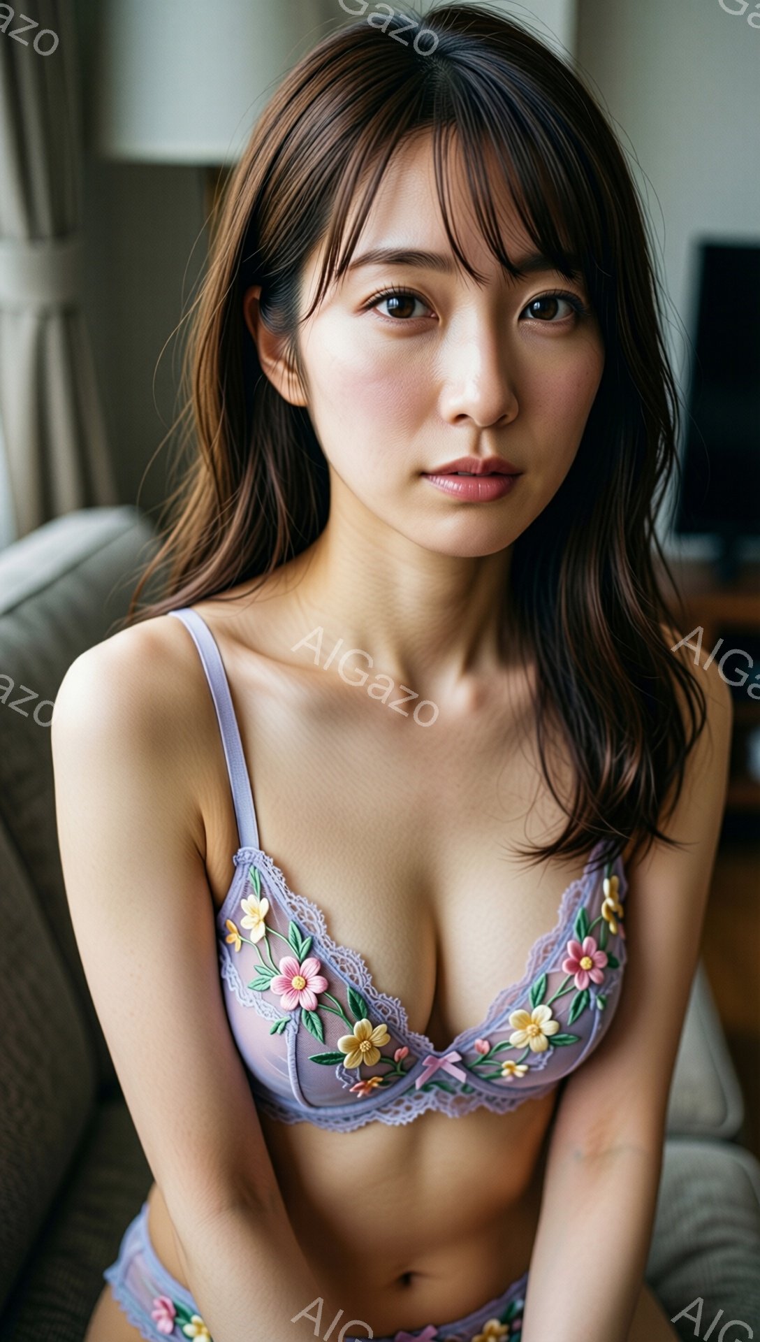 長いダークブラウンの髪が肩にかかる女性が写っています。ラベンダー色の刺繍入りブラと、それに合わせた下着を身に着け、少し微笑んだ表情で正面を見つめています。背景にはぼやけた家具があり、室内でリラックスした雰囲気が漂っています。