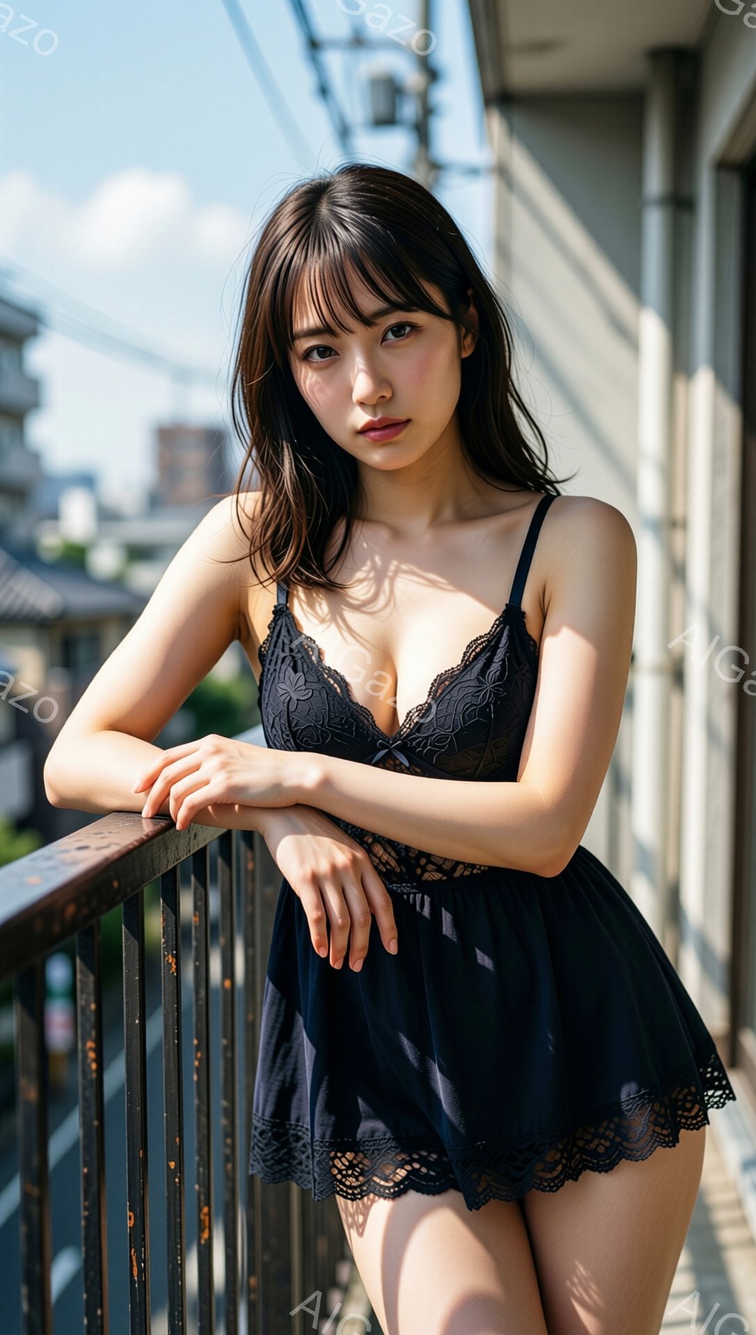 黒髪の女性が、レースのトリムが特徴的なネイビーブルーのキャミソールワンピースを着て、錆びた金属製の柵にもたれかかっています。彼女は軽く微笑み、カメラの方をまっすぐ見ており、髪は肩にかかる長さで自然に広がっています。背景には、密集した建物と青空が見え、晴れた日の都会の風景が広がっています。