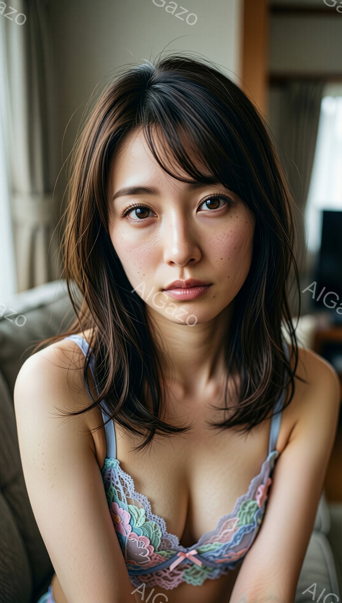 長い茶色の髪は肩のあたりでゆるくウェーブし、顔の周りに自然に落ちています。女性は淡い青とピンクのレースが美しいブラレットを身に着け、少し伏し目がちで穏やかな表情をしています。背景にはぼやけたソファとカ - AI生成フリー素材