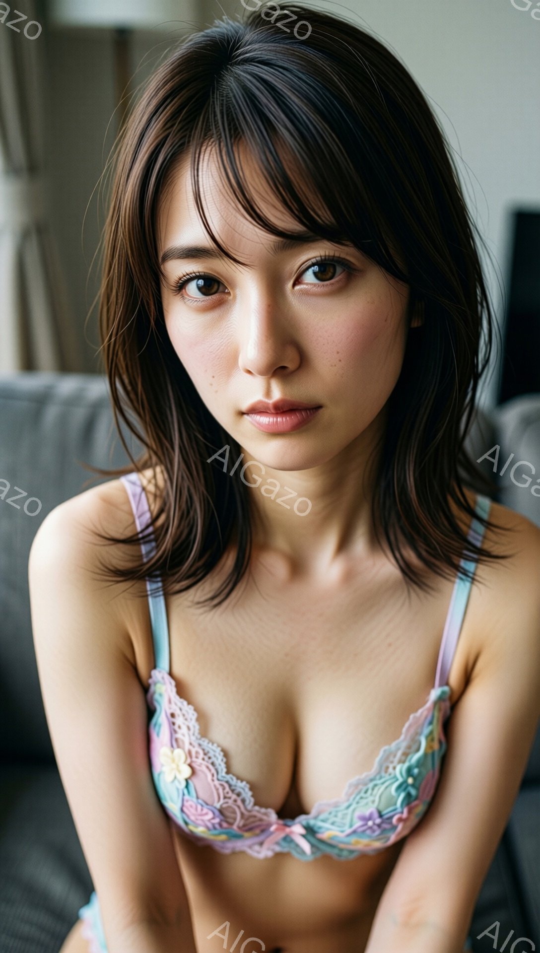 浅黒い髪の女性が、ピンクと水色のレースのブラレットを着て、カメラの前に座っています。彼女は少し微笑んでいて、少し伏し目がちで、落ち着いた表情をしています。背景はぼかされたグレーのソファで、室内であること、そして柔らかい光が差し込んでいることがわかります。