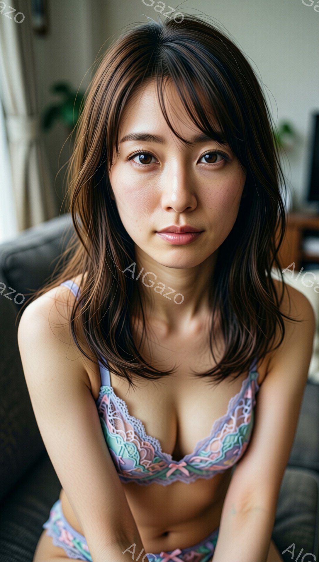 長い茶色の髪を持つ若い女性が、レースの紫と緑のブラジャーとショーツのセットを身に着けて座っています。彼女はわずかに微笑み、カメラに直接見つめ、リラックスしたポーズをとっています。背景にはぼやけたリビン - AI生成フリー素材