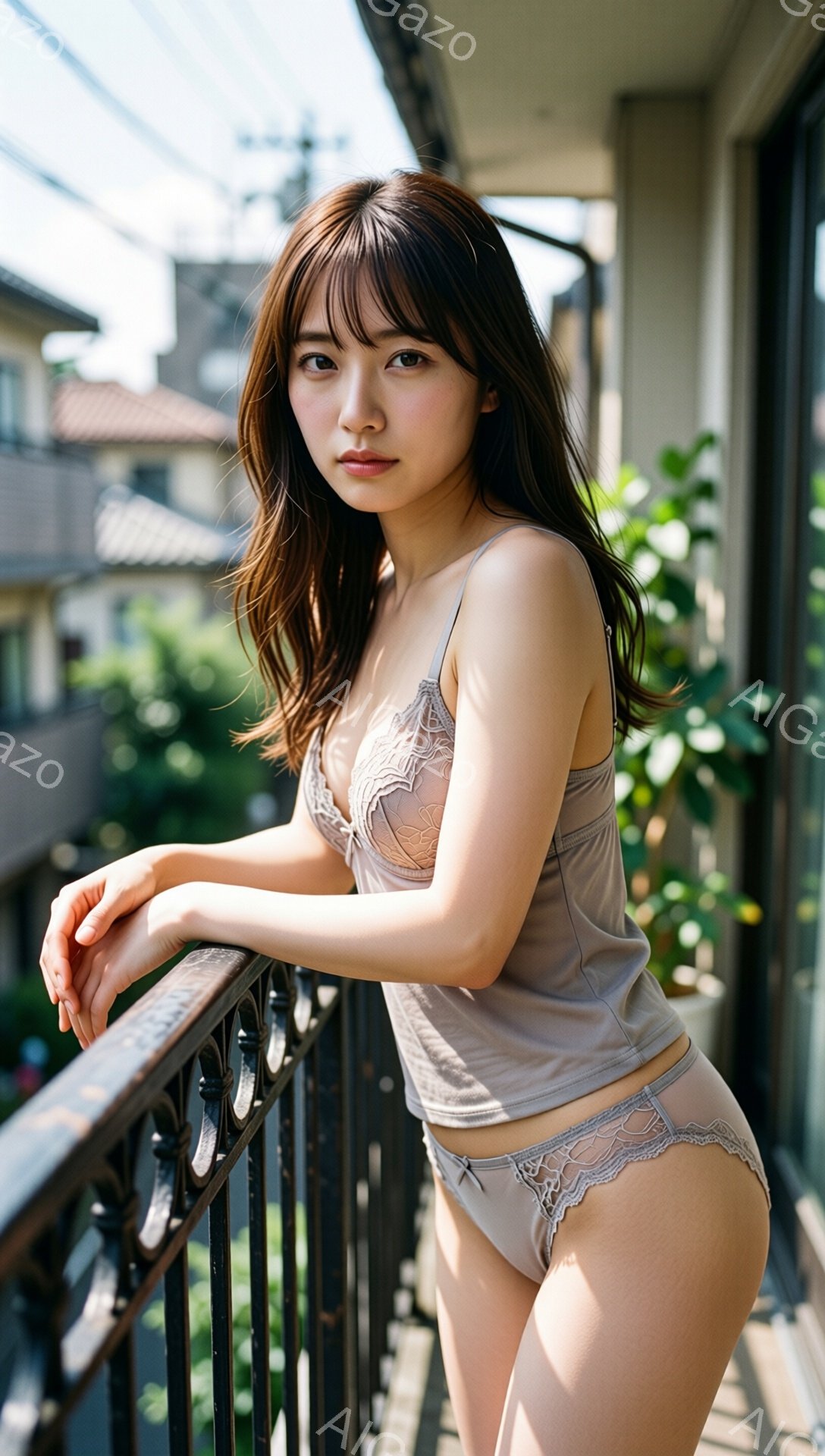 長い茶色の髪は肩にかかり、前髪が目にかかる女性が、ベランダの手すりに寄りかかっています。彼女はベージュのレースのキャミソールとショーツを身につけ、少し微笑んでカメラを見ています。背景には、日本家屋や緑の植物が見え、晴天の穏やかな一日を描写しています。