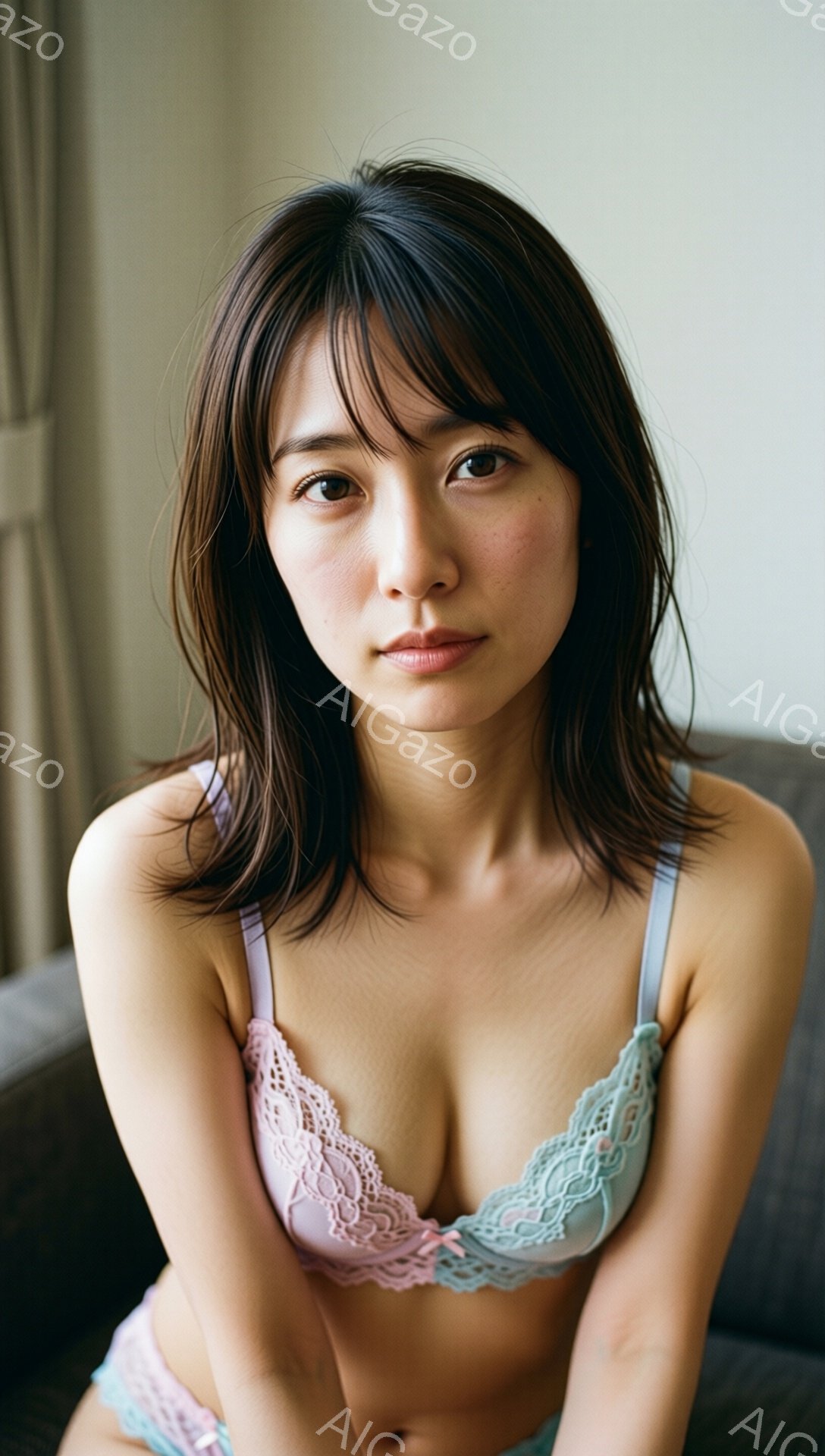 彼女は肩出しのピンクと水色のレースのブラとショーツを身に着け、ダークブラウンの髪を肩にかかるようにしています。少し微笑んだ表情で、カメラの方をまっすぐ見ています。背景には灰色のソファとぼやけた部屋の一 - AI生成フリー素材