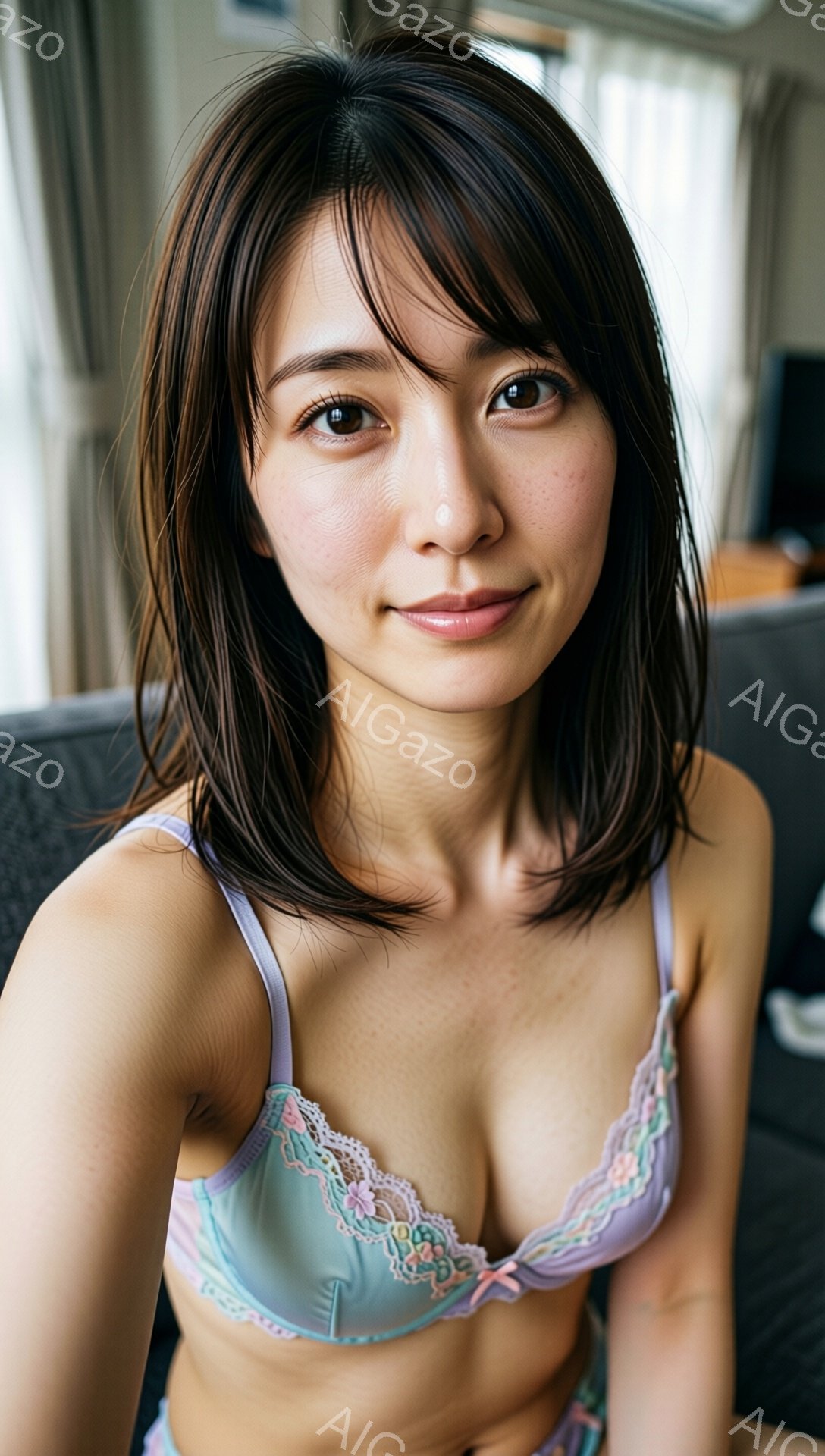 明るい色のレースが縁取られた淡い水色のブラジャーと下着姿の女性が写っている。彼女は肩までの長さの黒髪で、少し微笑んだ表情でカメラを見つめている。背景にはグレーのソファとぼやけた室内が見え、全体的に柔ら - AI生成フリー素材