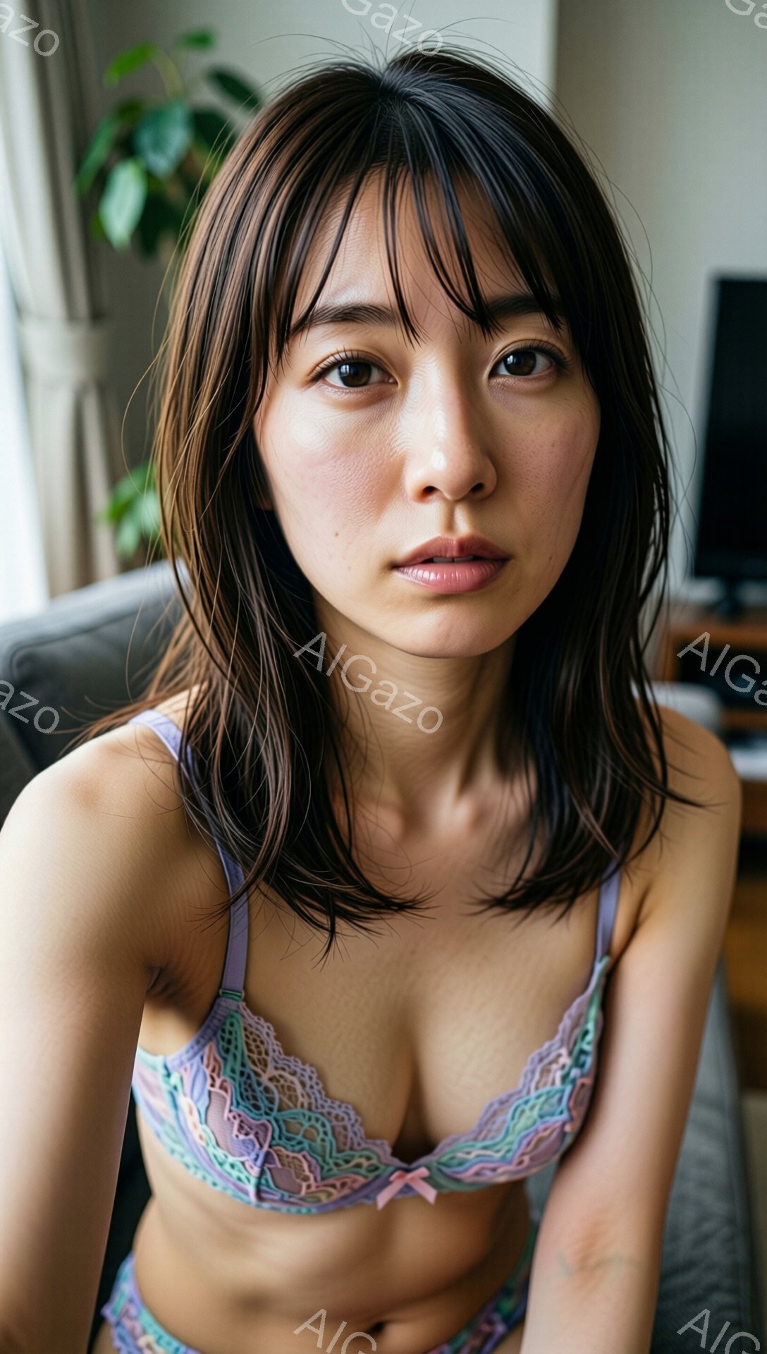 長いダークブラウンの髪は肩にかかる程度にカットされ、やや無造作に整えられています。女性は薄いラベンダー色のレースのブラとショーツを着用し、少し伏し目がちで穏やかな表情を浮かべています。背景にはソファとぼやけた家具が見え、室内であることがわかります。