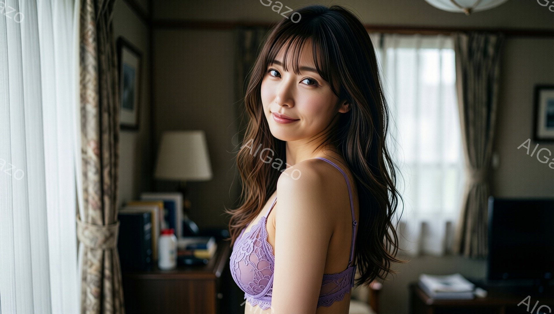 長い茶色の髪を無造作に肩にかけた女性が、薄紫色のレースのブラレットを着て正面を向いています。彼女は微笑みを浮かべ、リラックスした姿勢でカメラを見ており、背景には窓から差し込む光と家具が見えます。全体的に、柔らかく穏やかな雰囲気が漂っています。