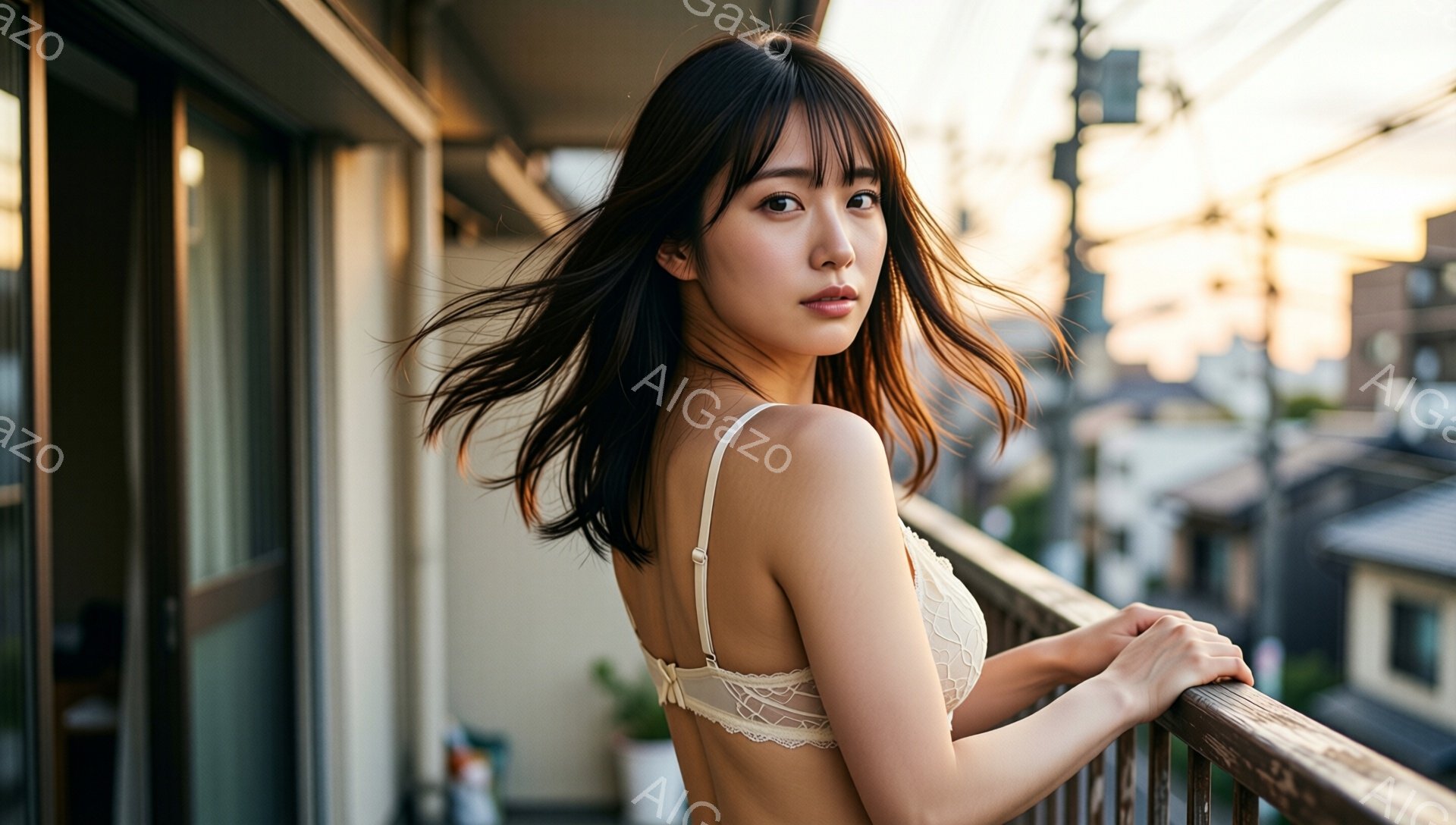 長い黒髪をなびかせ、オフショルダーの白いレースブラレットを身に着けた女性が、バルコニーの手すりに寄りかかっている。背景には、夕暮れ時の日本の住宅街が広がり、暖色系の光が差し込んでいる。 全体的に、リラックスした雰囲気で、少し物憂げな表情が印象的だ。