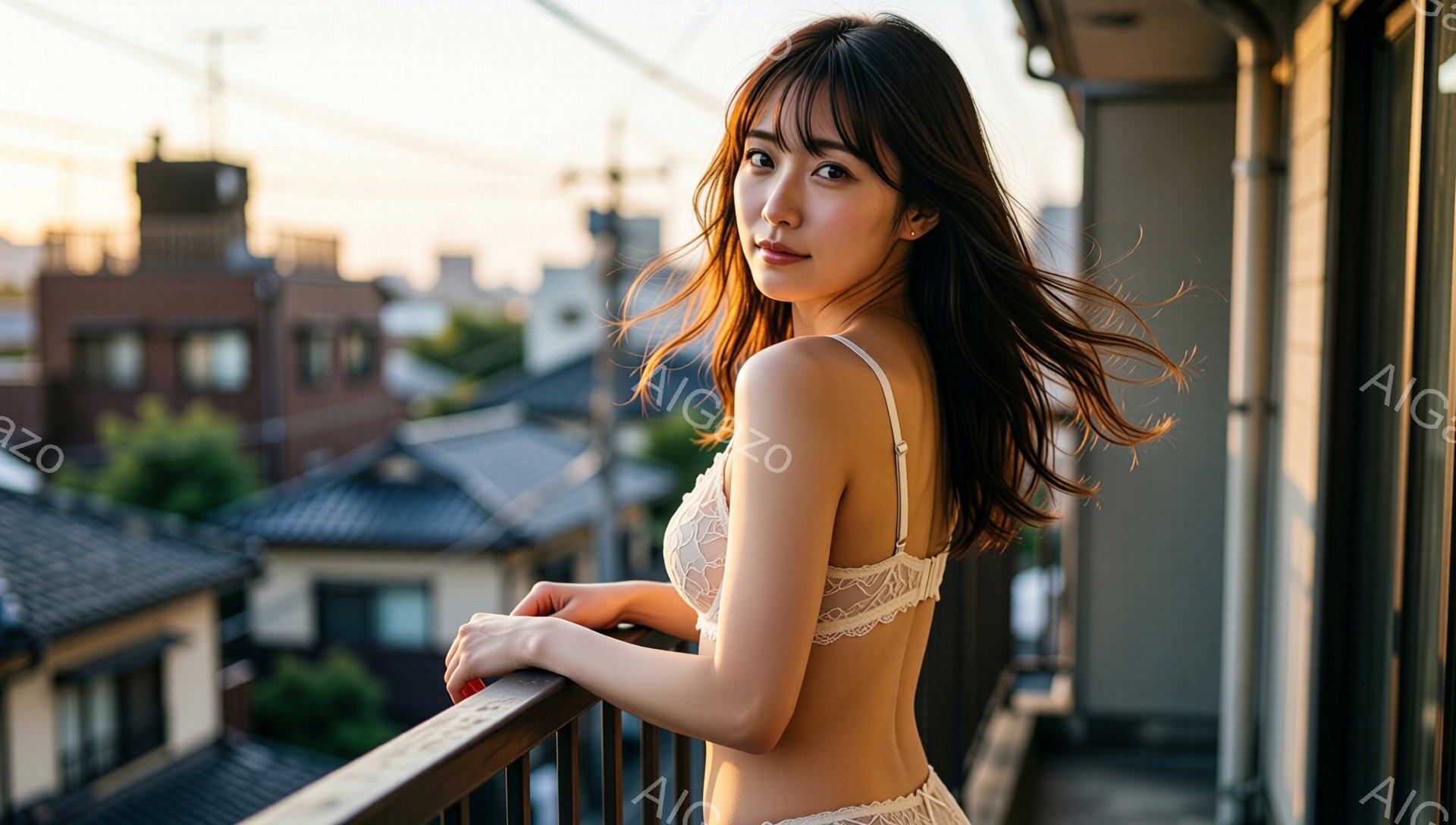 長い黒髪をなびかせ、白いレースのブラレットとショーツ姿の女性がバルコニーの手すりに寄りかかっている。彼女は少し微笑み、視線は鑑賞者に向いている。背景には日本の伝統的な家屋が密集し、夕焼け空が暖かな光を投げかけており、リラックスした雰囲気を作り出している。