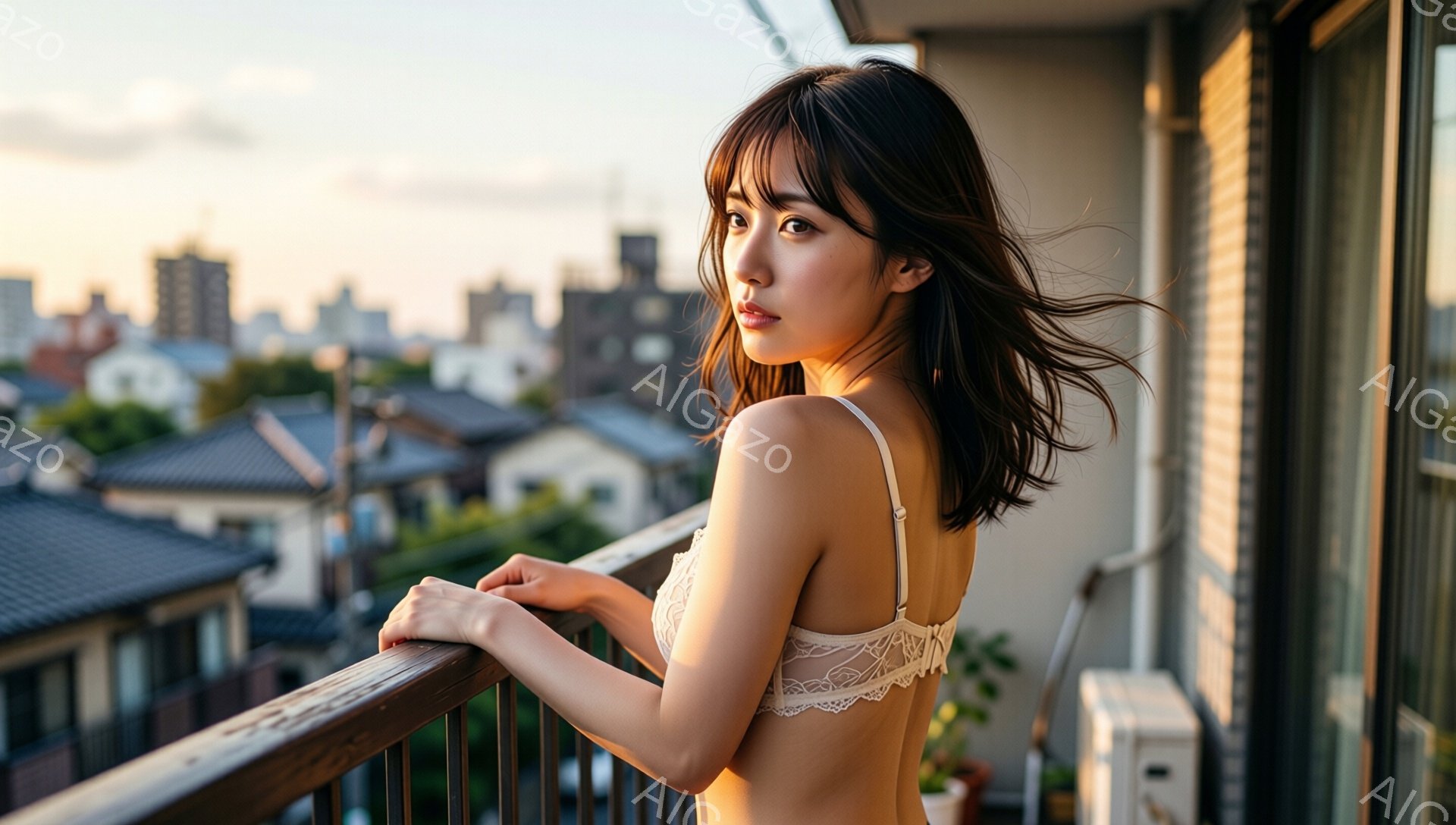 黒髪の女性がバルコニーの手すりに寄りかかり、レースのブラレットのみを身に着けている。彼女は少し微笑み、視線はわずかにカメラから外れており、リラックスした雰囲気を醸し出している。背景には密集した建物群と - AI生成フリー素材