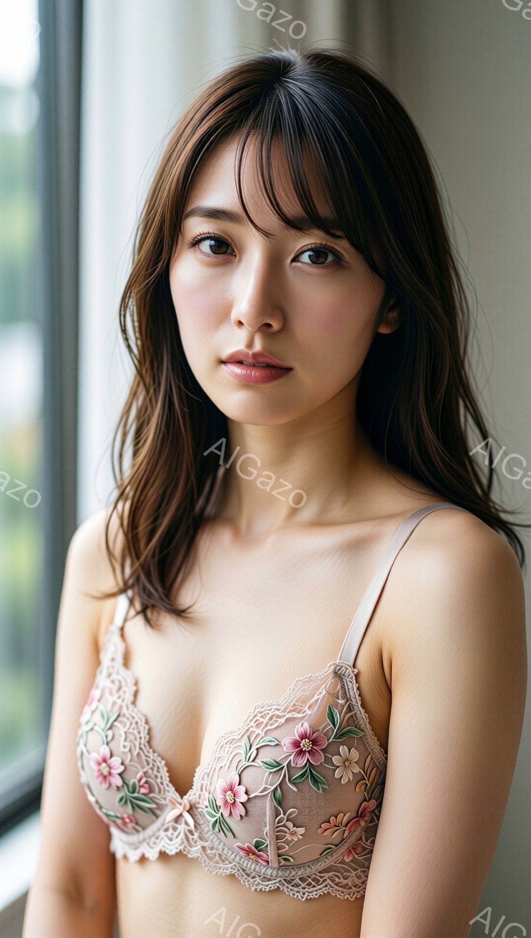 長い茶色の髪の女性が、窓のそばで花柄のブラレットとショーツ姿で立っています。彼女はわずかに微笑み、穏やかな表情でカメラを見つめています。背景はぼやけた窓の外の緑と、シンプルな内装で、全体的に柔らかく繊細な雰囲気を醸し出しています。