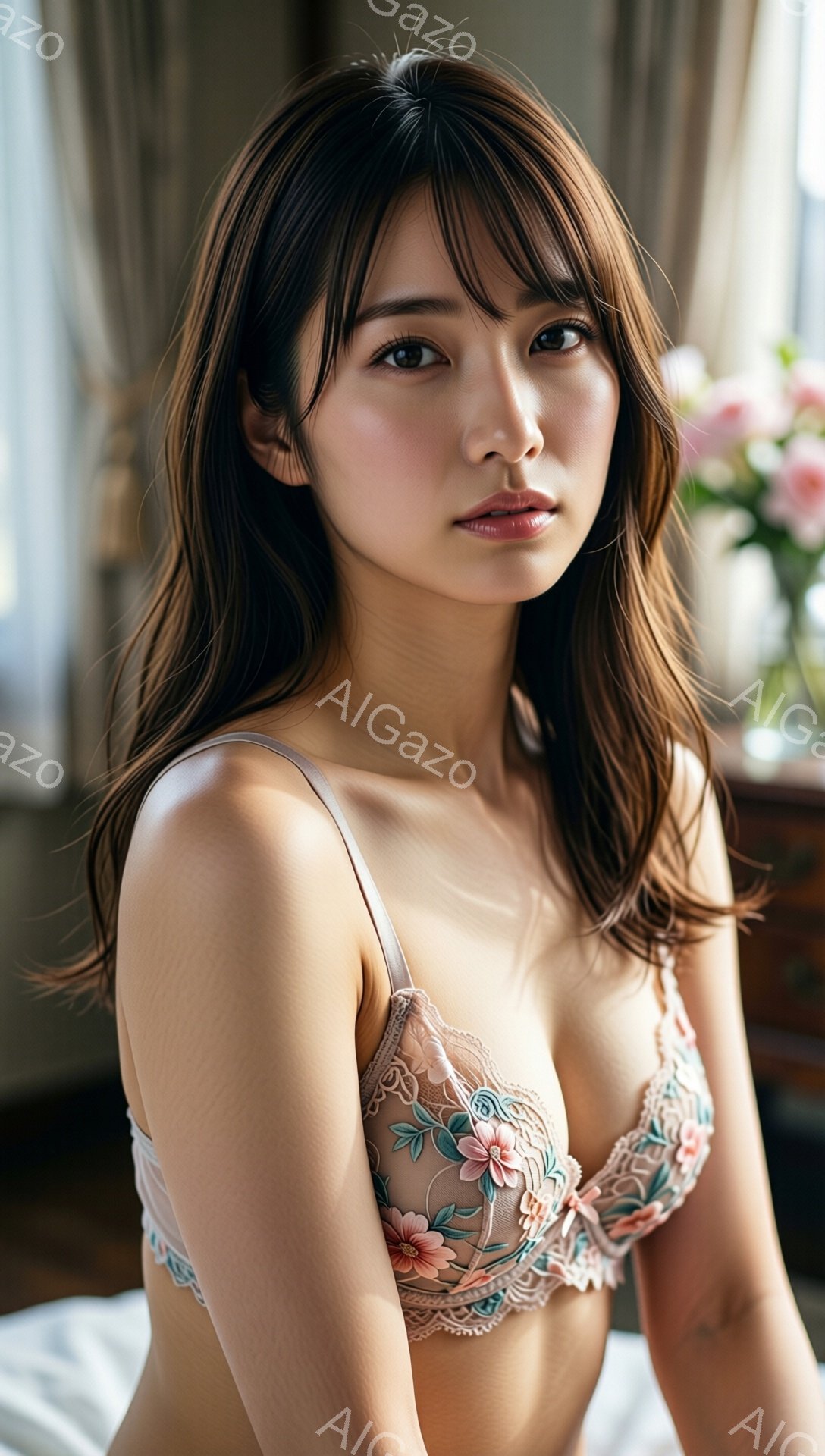 長いダークブラウンの髪が肩にかかる女性が写っている。花柄のレースが施されたブラレットを着用し、穏やかな表情でカメラを見つめている。背景にはぼやけた室内の様子が見え、柔らかい光が差し込み、温かく穏やかな雰囲気を醸し出している。