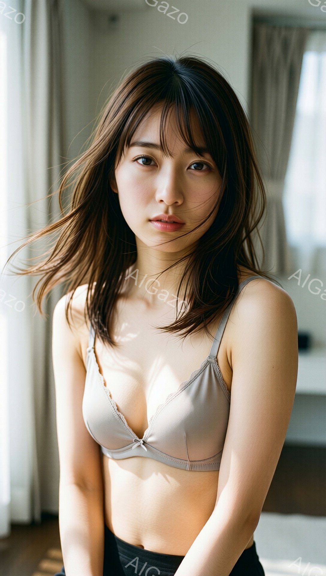 長い茶色の髪を無造作に垂らし、薄いベージュのブラレットと黒いボトムスを身につけた女性が写っている。彼女はわずかに微笑み、カメラを見つめており、自然な雰囲気を醸し出している。窓から差し込む光が彼女の肌を照らし、柔らかい影が床に落ちている。