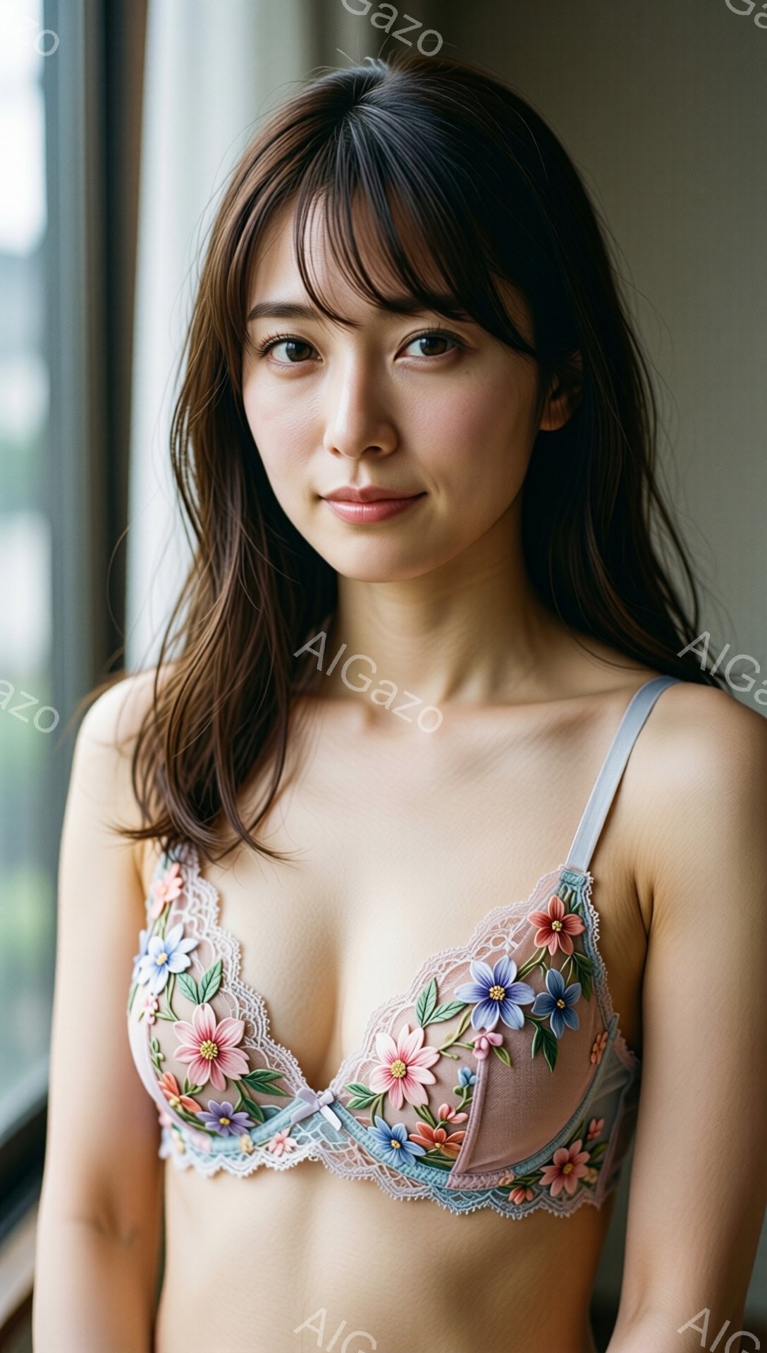 長い茶色の髪を持つ若い女性が、花柄のレースが特徴的な薄い水色のブラジャーを身につけています。彼女はカメラに向かって微笑み、わずかに下を向いた視線を送っています。背景にはぼやけた窓と室内の様子が見え、全 - AI生成フリー素材