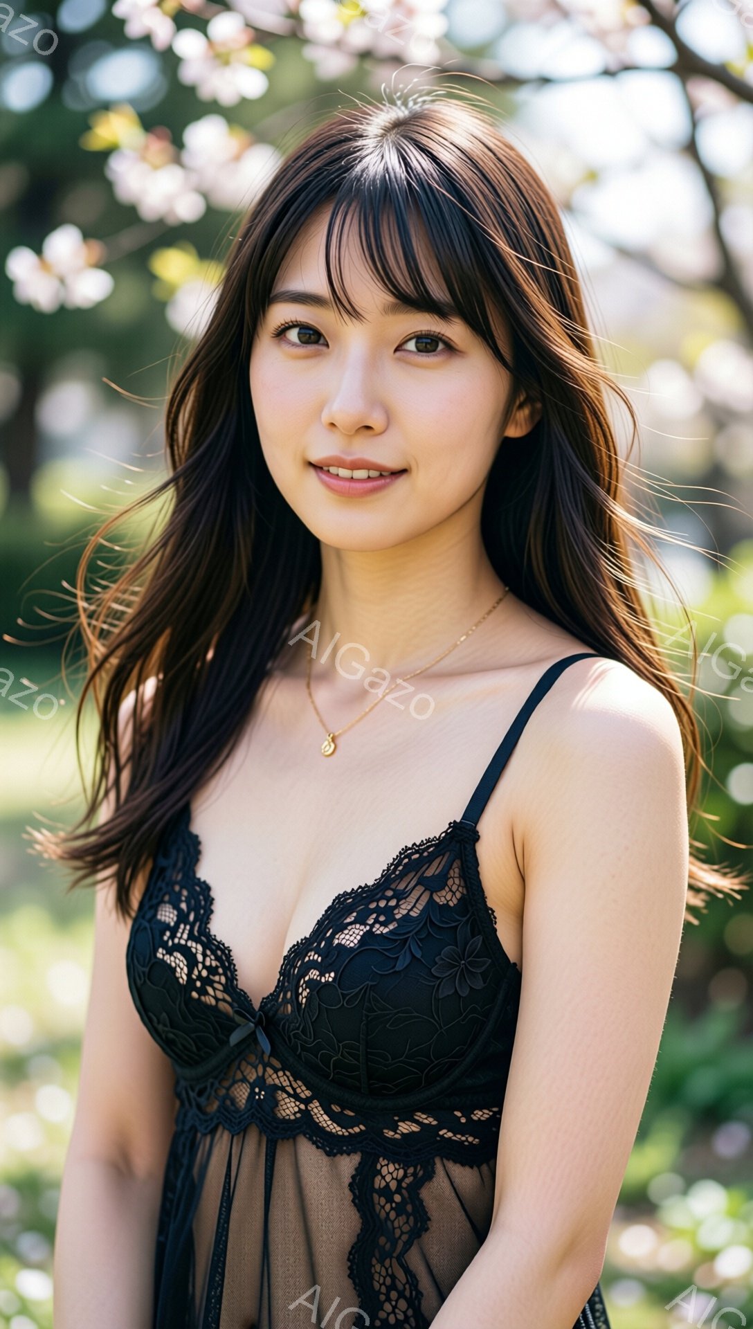 長い黒髪を肩にかけた女性が写っており、繊細なレースのキャミソールとシースルーのスカートを着用しています。彼女はわずかに微笑み、優しい表情でカメラを見つめており、首には小さなゴールドのペンダントが輝いています。背景にはぼやけた桜の木々と緑豊かな草地があり、春の穏やかな日差しの中で撮影された暖かい雰囲気のポートレートです。