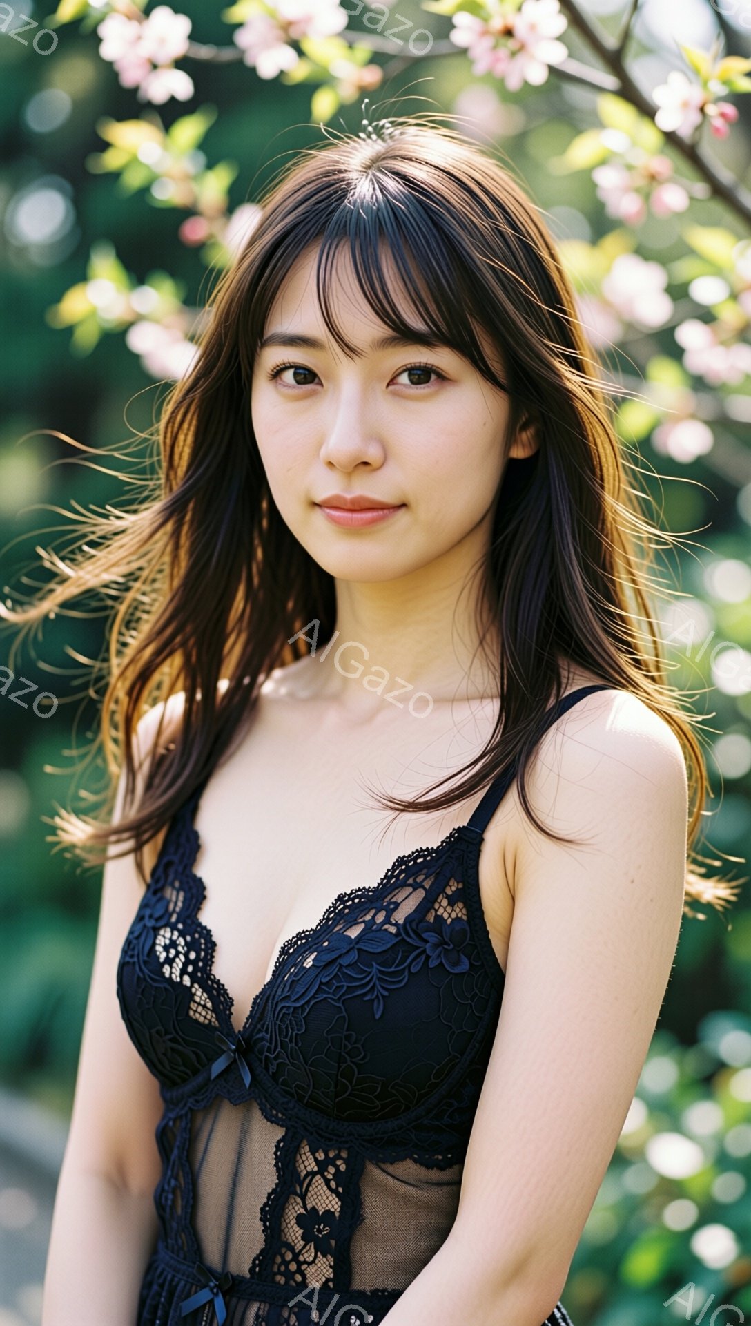 長い黒髪の女性が、繊細なレースの黒いブラレットとショーツ姿で、少し微笑んでいます。彼女はやや横を向き、リラックスした姿勢で立っており、背景には淡いピンク色の桜の花が咲き乱れています。全体的に、柔らかく - AI生成フリー素材