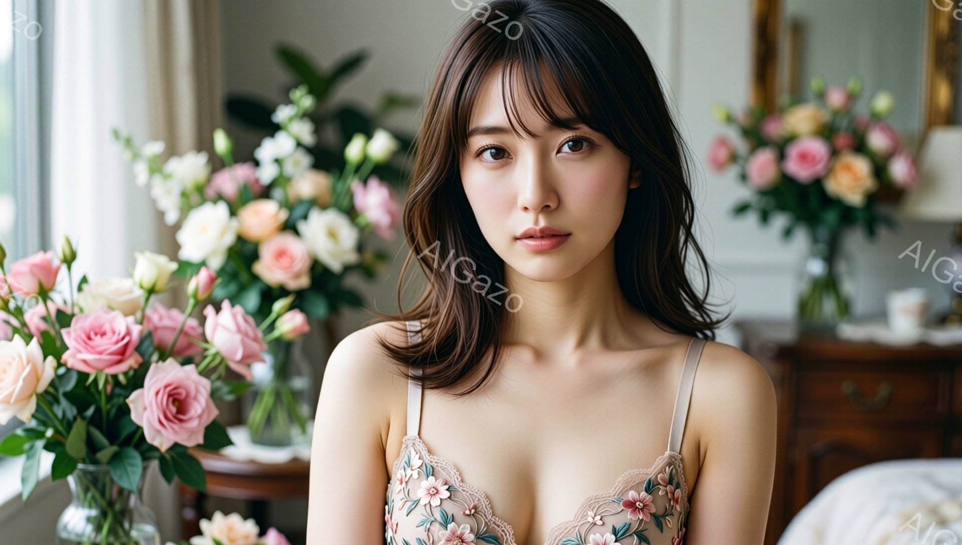 明るい室内で、若い女性が肩を露出した花柄のキャミソールを着て、正面を向いて立っている。彼女は黒髪のロングヘアで、やや微笑んだ表情を浮かべている。背景には窓から差し込む光があり、テーブルの上にはピンクと - AI生成フリー素材
