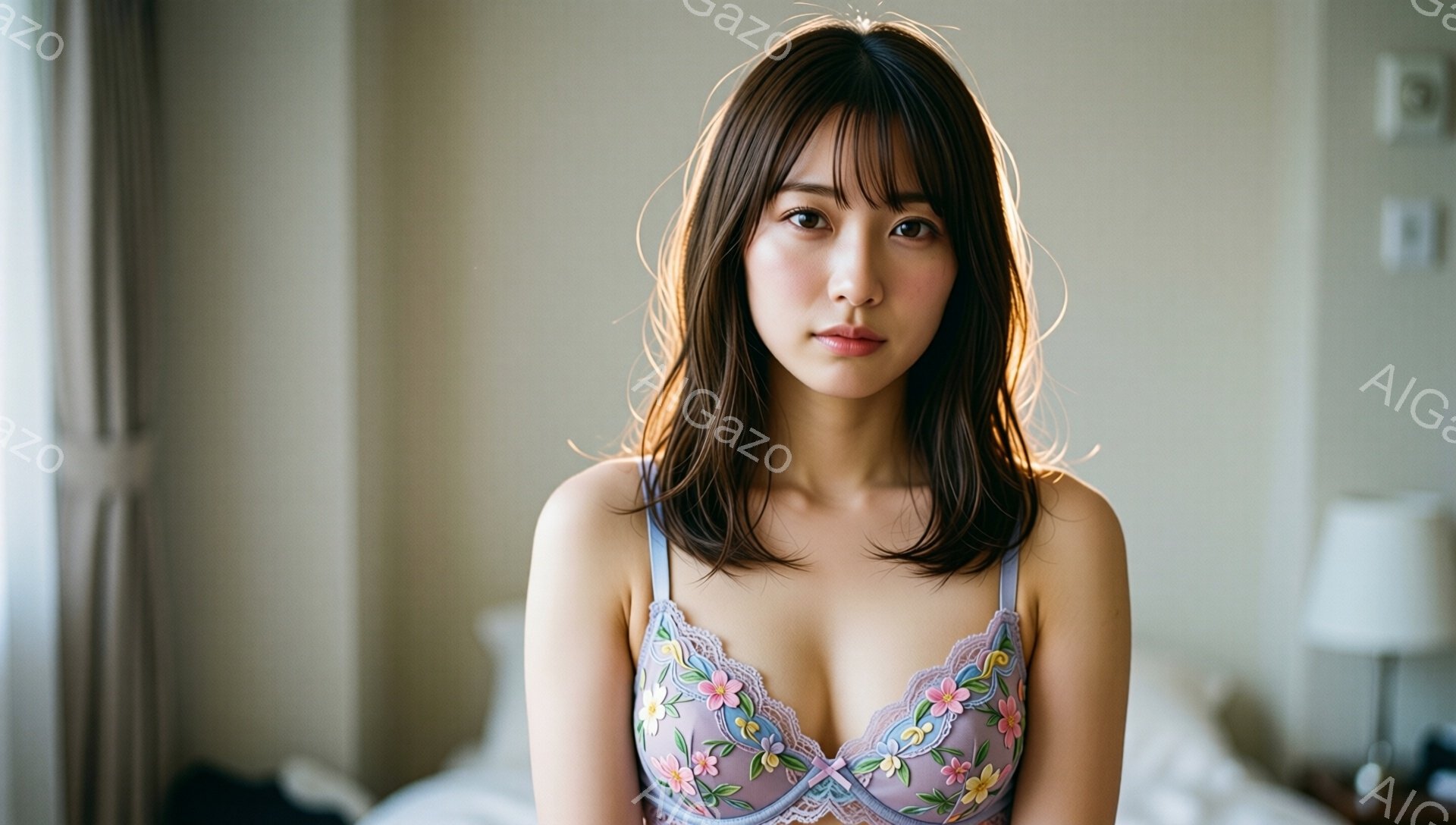 長い茶色の髪を肩のあたりで切り揃えた女性が、薄紫色の花柄のレースブラジャーを身につけて正面を向いています。彼女は穏やかな表情で、わずかに微笑んでいるように見えます。背景には、ぼやけたベッドとランプ、そしてカーテンが見え、全体的に柔らかく暖かい雰囲気です。