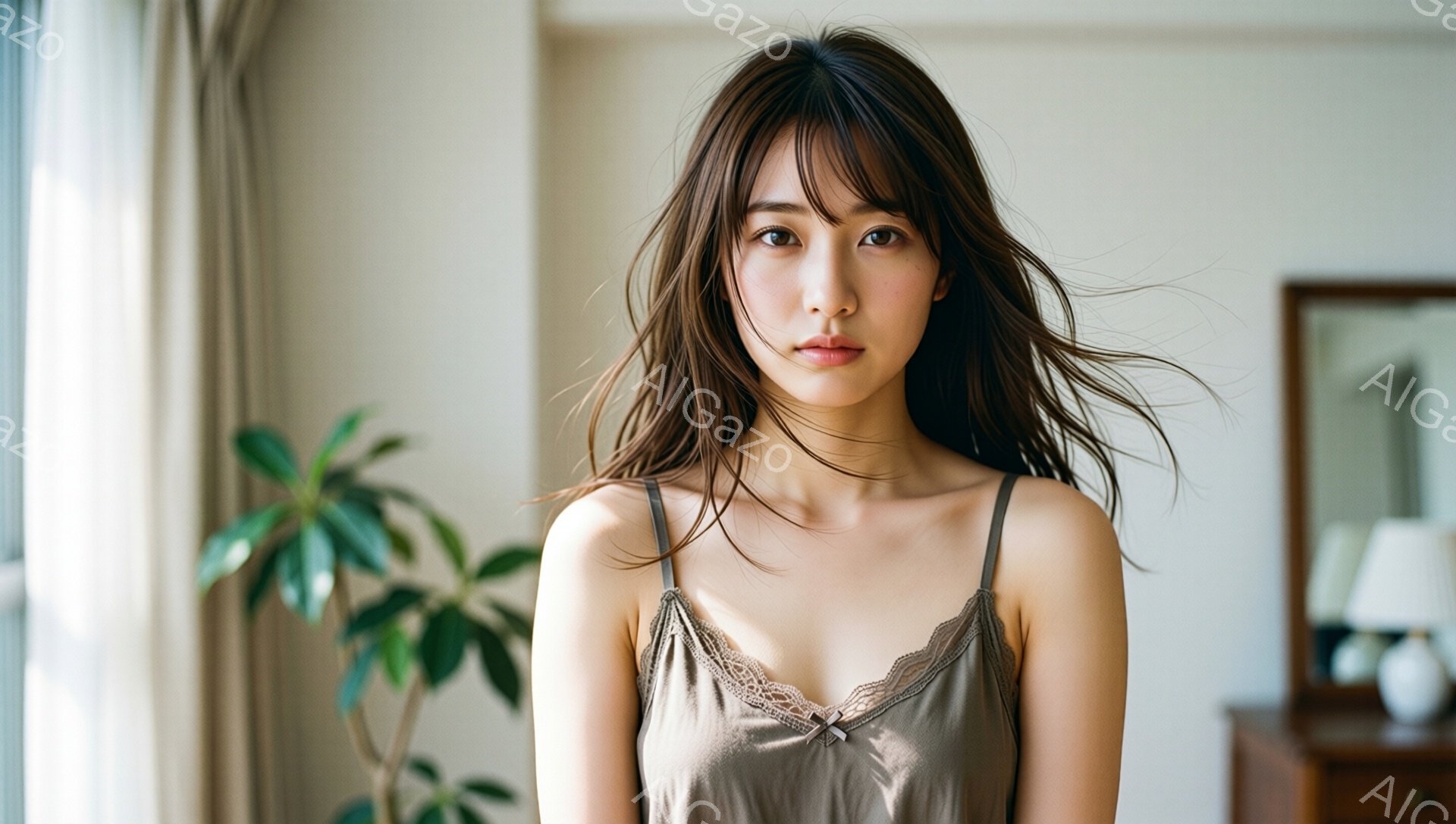 長いダークブラウンの髪を無造作に肩に垂らし、繊細なレースが縁取られたスリップドレスを着た若い女性が写っている。彼女は正面を向き、わずかに微笑み、落ち着いた穏やかな表情をしている。背景には木製の家具と植物が見え、室内で自然光が差し込む、落ち着いた暖かさのある雰囲気である。