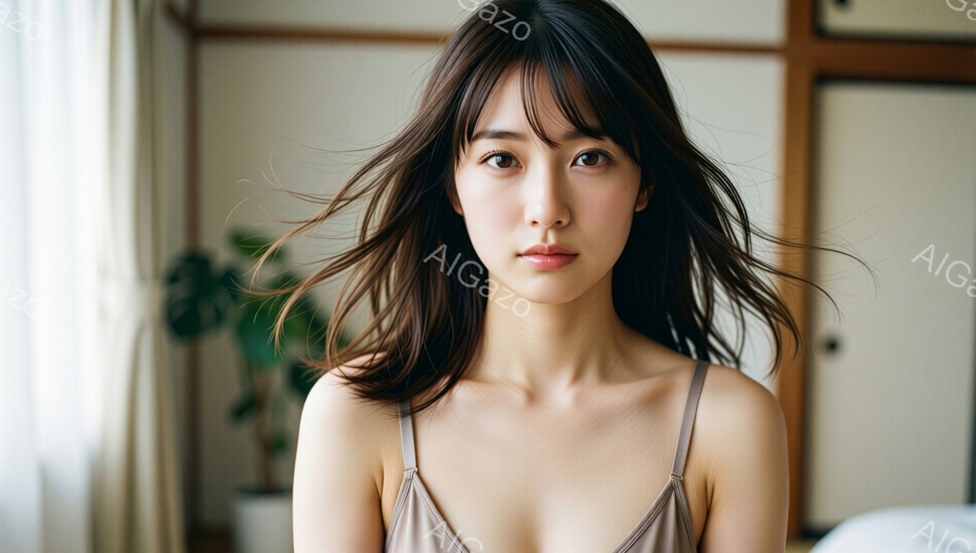 長いダークブラウンの髪を無造作にまとめ、前髪が少し眉にかかっている若い女性が写っている。薄いベージュのキャミソールを着ており、リラックスした表情で正面を見つめている。背景には植物や木製のドアが見え、室内で穏やかな雰囲気が漂っている。