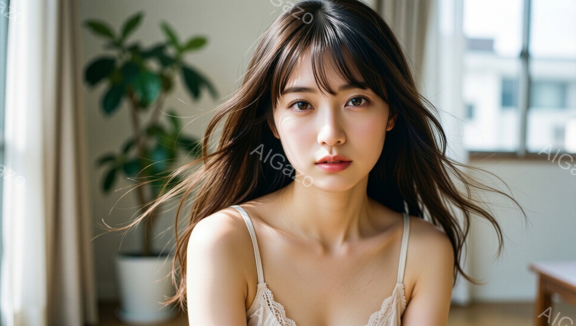長いダークブラウンの髪は無造作に肩にかかり、前髪は軽やかに目にかかっている女性が写っている。オフショルダーの白いキャミソールを着ており、表情は穏やかで、少し微笑んでいるように見える。背景には植物と窓があり、自然光が差し込み、全体的に柔らかく、リラックスした雰囲気が漂っている。