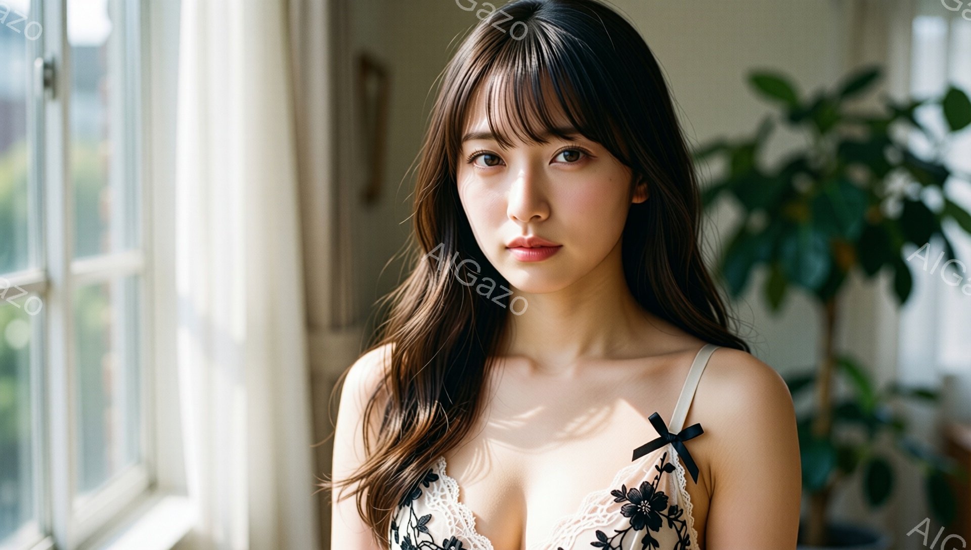 長い黒髪を無造作に肩から垂らし、レースが施されたキャミソールを着た若い女性が写っている。彼女はわずかに微笑み、視線は穏やかで、リラックスした雰囲気を醸し出している。背景には窓と緑の植物が見え、自然光が - AI生成フリー素材