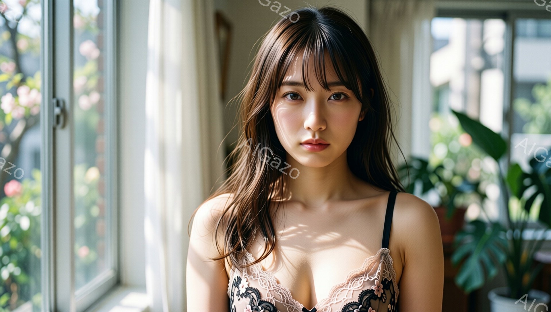 長い茶色の髪を無造作に垂らし、レースが縁取られたキャミソールを着た若い女性が写っている。彼女はわずかに微笑み、リラックスした姿勢でカメラを見つめている。背景には窓から差し込む光と緑豊かな植物があり、暖かく穏やかな雰囲気を醸し出している。