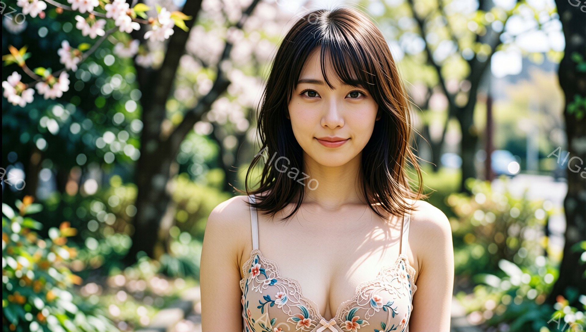 画像は、桜並木を背景に、微笑む女性を捉えています。彼女は肩出しの繊細なレースと花柄のトップスを着ており、ダークブラウンのミディアムヘアを肩にかけ、穏やかな表情を浮かべています。背景にはぼやけた桜の花々と緑の木々が見え、春の暖かく優しい雰囲気が漂っています。