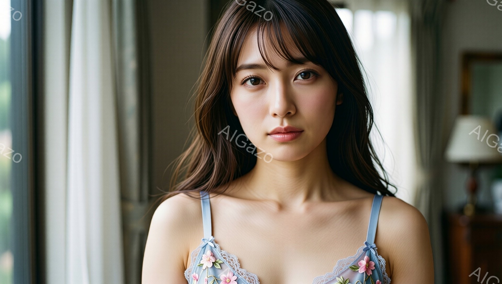 彼女は肩出しの淡い水色のキャミソールを着ており、全体に小さな花柄が刺繍されています。長く艶やかな黒髪は肩にかかっており、表情は穏やかで、わずかに微笑んでいるように見えます。背景は窓で明るく、ぼんやりと室内の一部が見え、全体的に柔らかな雰囲気です。