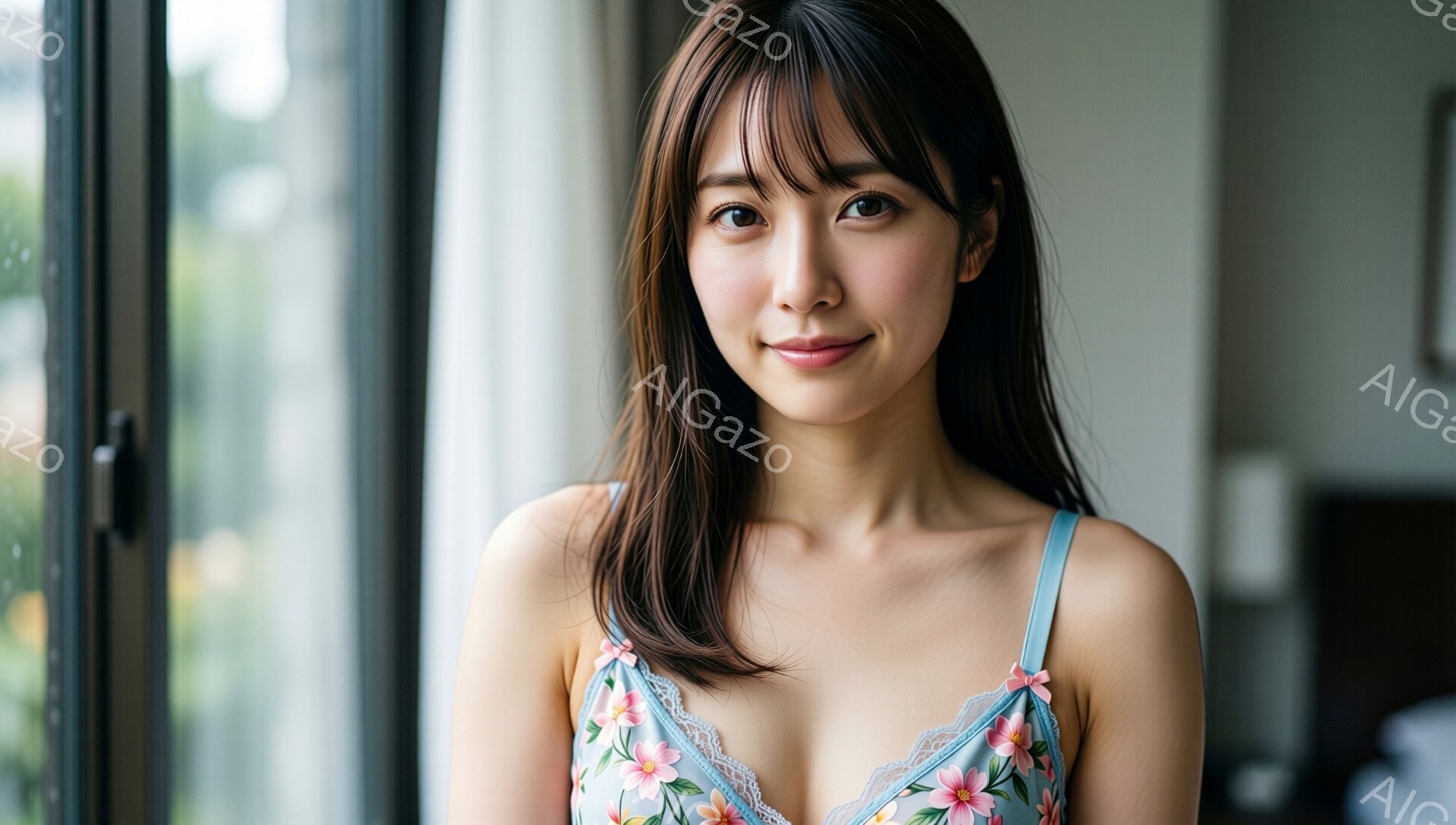 長い黒髪で、前髪は眉毛にかかるようにカットされた女性が写っている。淡い水色のキャミソールには、小さな花柄が散りばめられており、彼女は穏やかな微笑みを浮かべている。背景にはぼやけた窓と、緑が見え、室内で - AI生成フリー素材