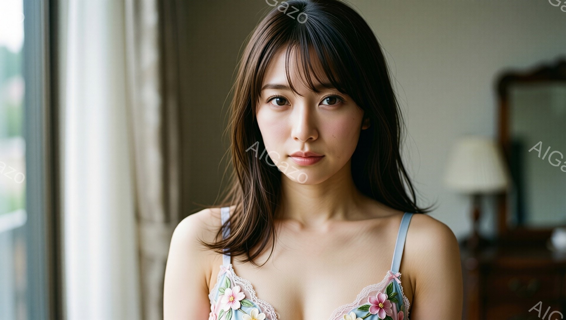 長いダークブラウンの髪は肩にかかるように流れており、前髪は眉毛にかかるようにカットされている。女性は肩出しの白いキャミソールに花柄が刺繍されており、穏やかで少し憂いのある表情で正面を見つめている。背景 - AI生成フリー素材