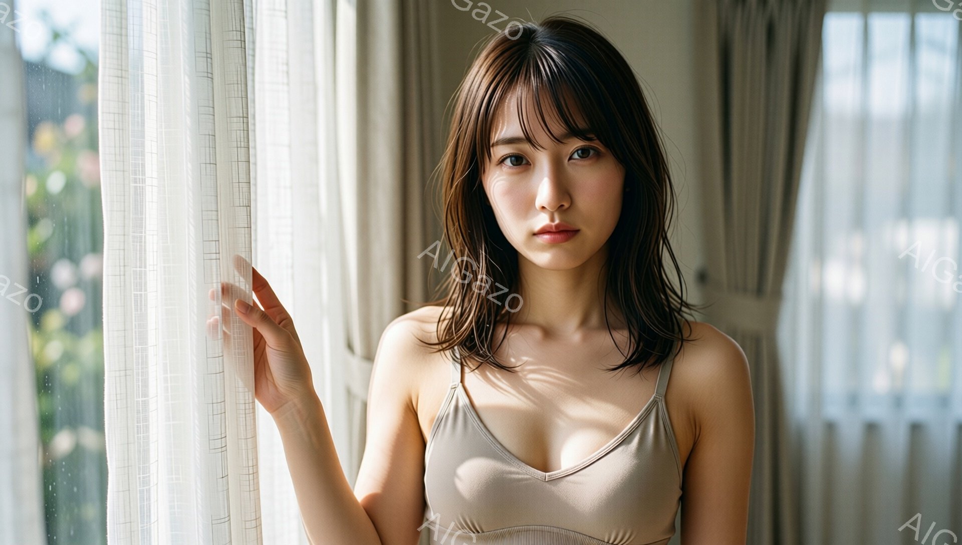長いダークブラウンの髪を無造作に肩まで下ろした女性が、クリーム色のキャミソールを着て窓辺に立っている。彼女は片手を軽く上げ、少し物憂げな表情でこちらを見ている。背景はぼやけた窓の外の緑と白いカーテンで、柔らかく暖かい雰囲気を醸し出している。