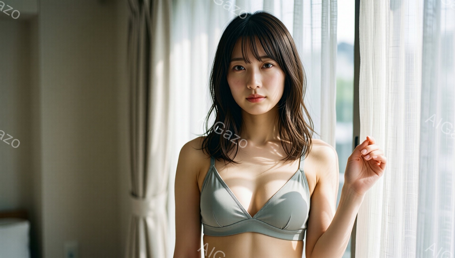 長いダークブラウンの髪を無造作に肩にかける女性が写っている。ベージュ色のブラレットを着ており、少し微笑んだ表情で、片手を顔の横に添えている。背景には白いカーテンと窓から見えるぼやけた都市の風景が見え、柔らかく穏やかな雰囲気を醸し出している。