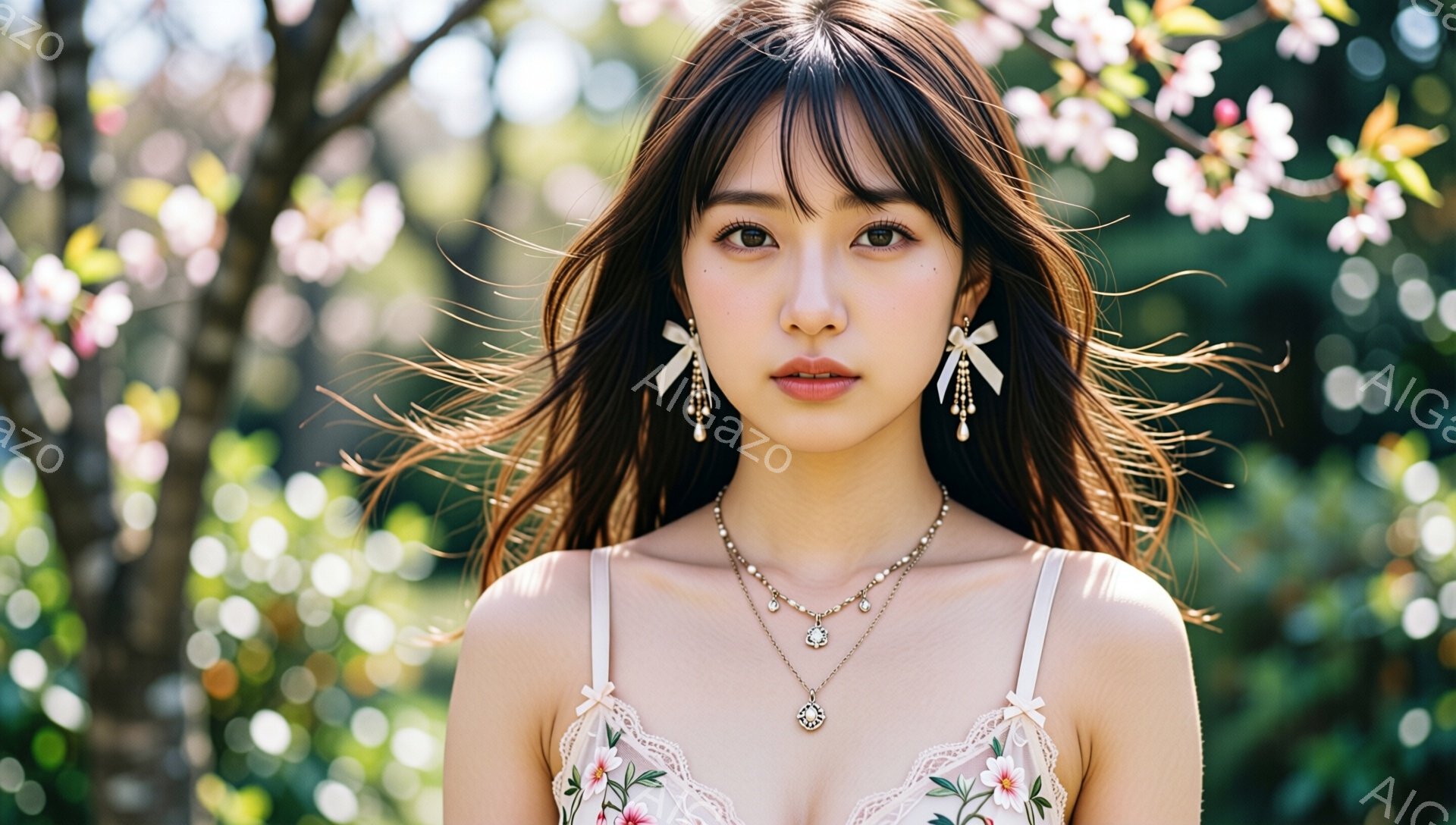 長い黒髪で、前髪が少し眉毛にかかっている女性が写っています。白いストラップと花の模様が入ったトップスを着ており、繊細なネックレスと大きなドロップイヤリングを身につけています。背景には桜の花が咲き乱れ、 - AI生成フリー素材