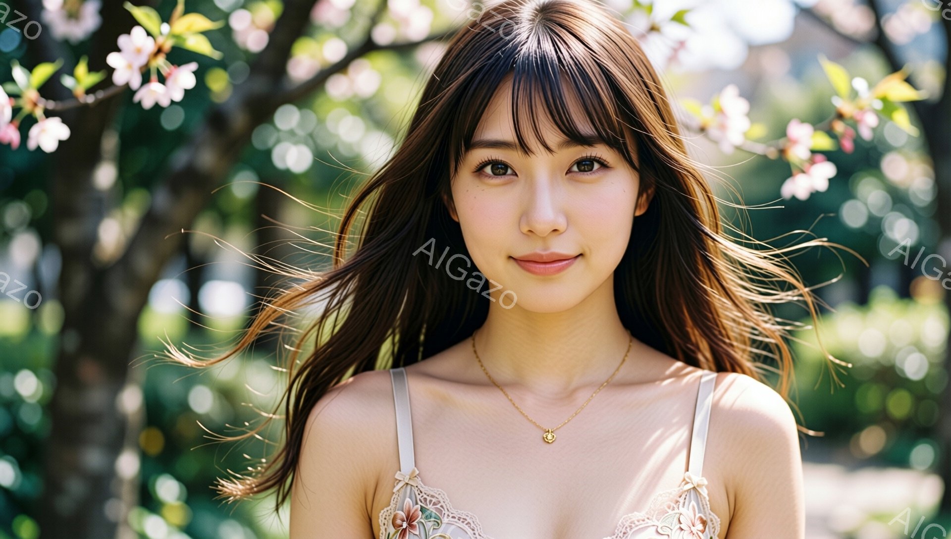 長い茶色の髪を持つ若い女性が、白いレースのキャミソールを着て微笑んでいます。彼女は繊細な金のネックレスを身に着け、わずかに横を向いて、髪が風になびいています。背景には、桜の花が咲き乱れるぼやけた木々が - AI生成フリー素材