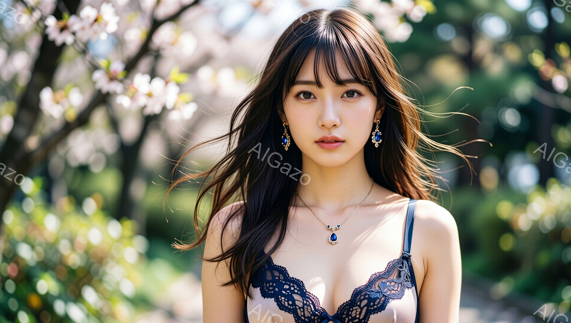 長い黒髪で、前髪が目にかかる女性が写っています。黒のレースが縁取られたベージュのキャミソールに、水色の宝石が散りばめられたネックレスを身につけ、耳には輝くドロップ型のイヤリングをつけています。背景には、桜の花が咲き誇る木々があり、春の穏やかな陽光が彼女を照らしています。